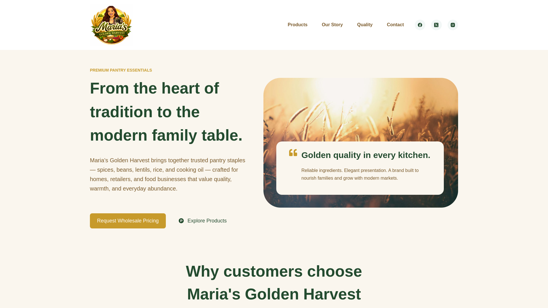 website screenshot of https://mariasgoldenharvest.com