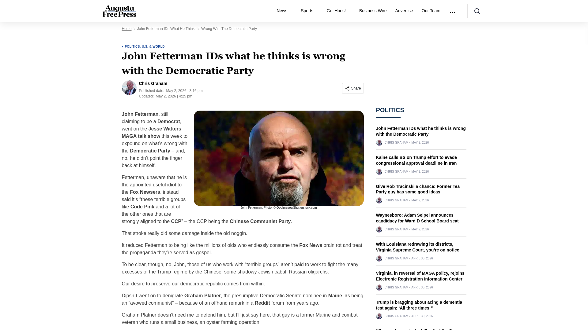 website screenshot of https://augustafreepress.com/news/john-fetterman-ids-what-is-wrong-with-the-democratic-party/