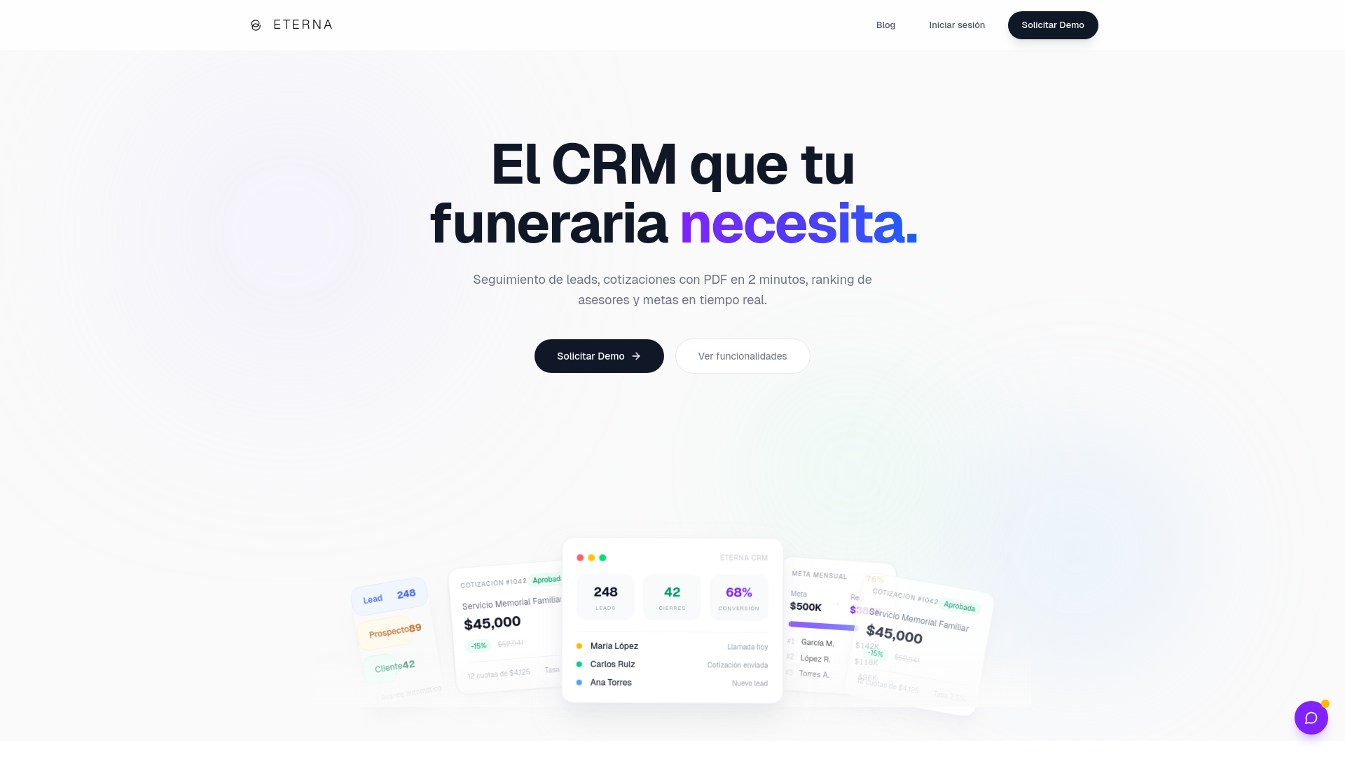 website screenshot of https://eternacrm.com/