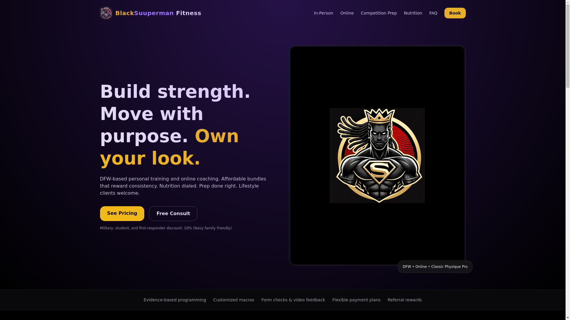website screenshot of https://blacksuupermanfit.com/