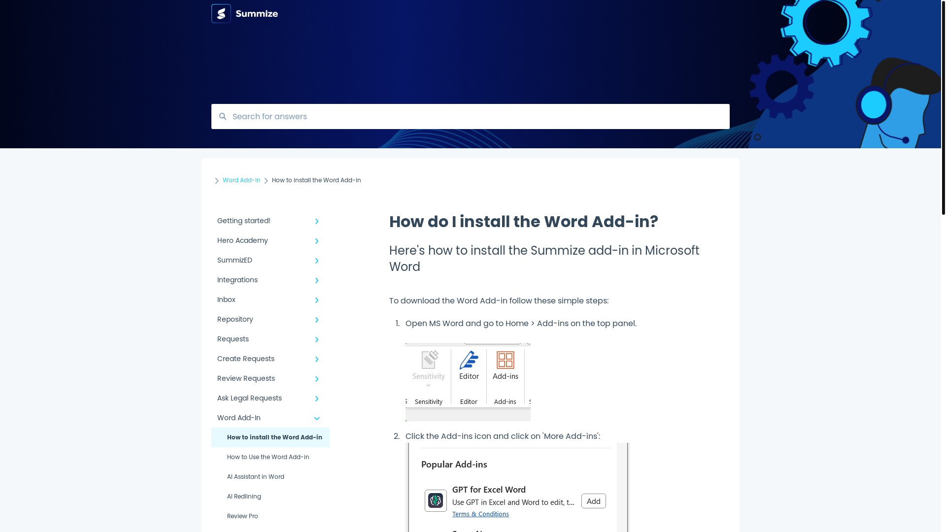 website screenshot of https://customers.summize.com/hub/how-do-i-download-the-word-add-in