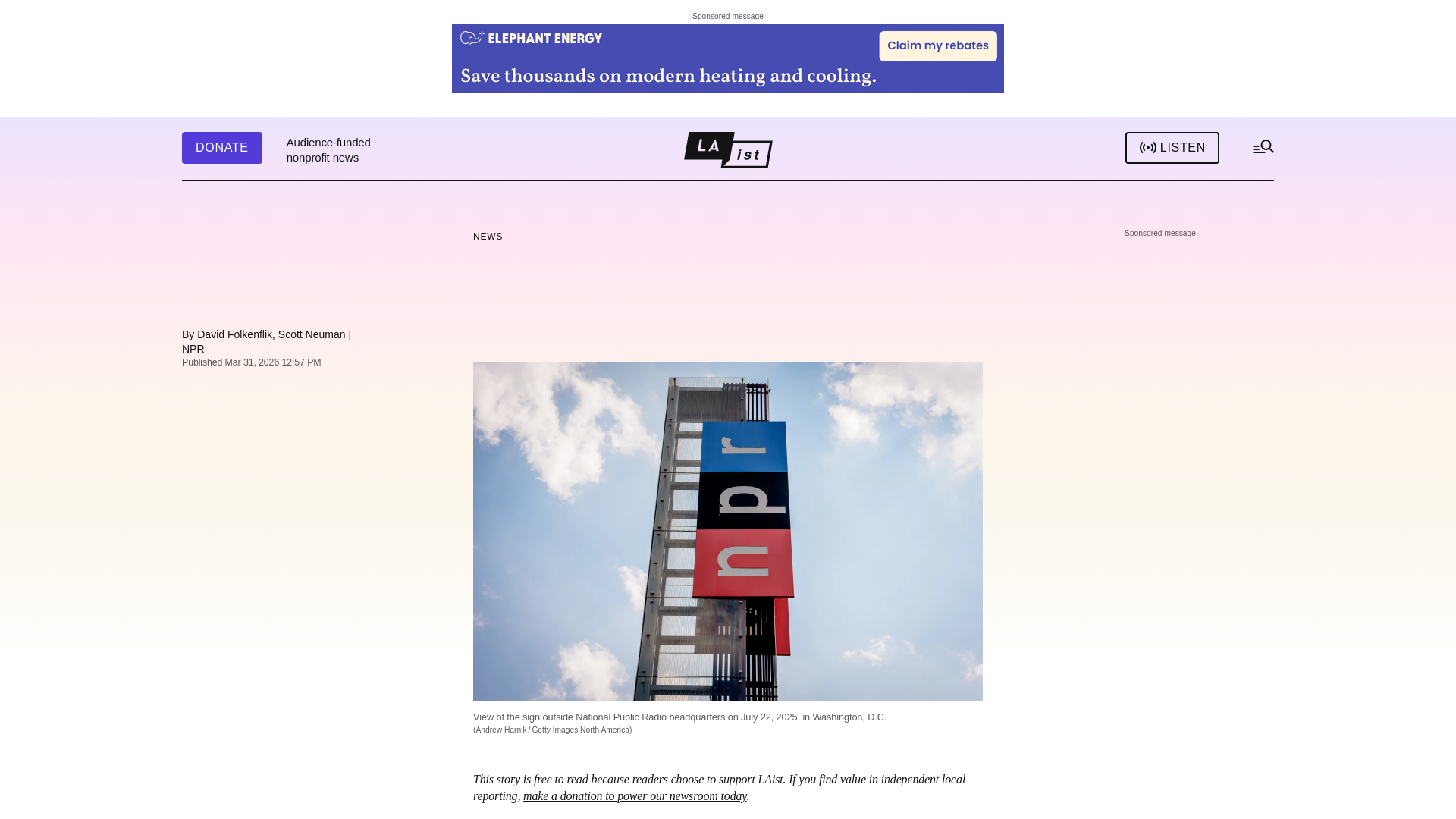 website screenshot of https://laist.com/news/federal-judge-finds-trump-violated-free-speech-by-ordering-npr-defunded