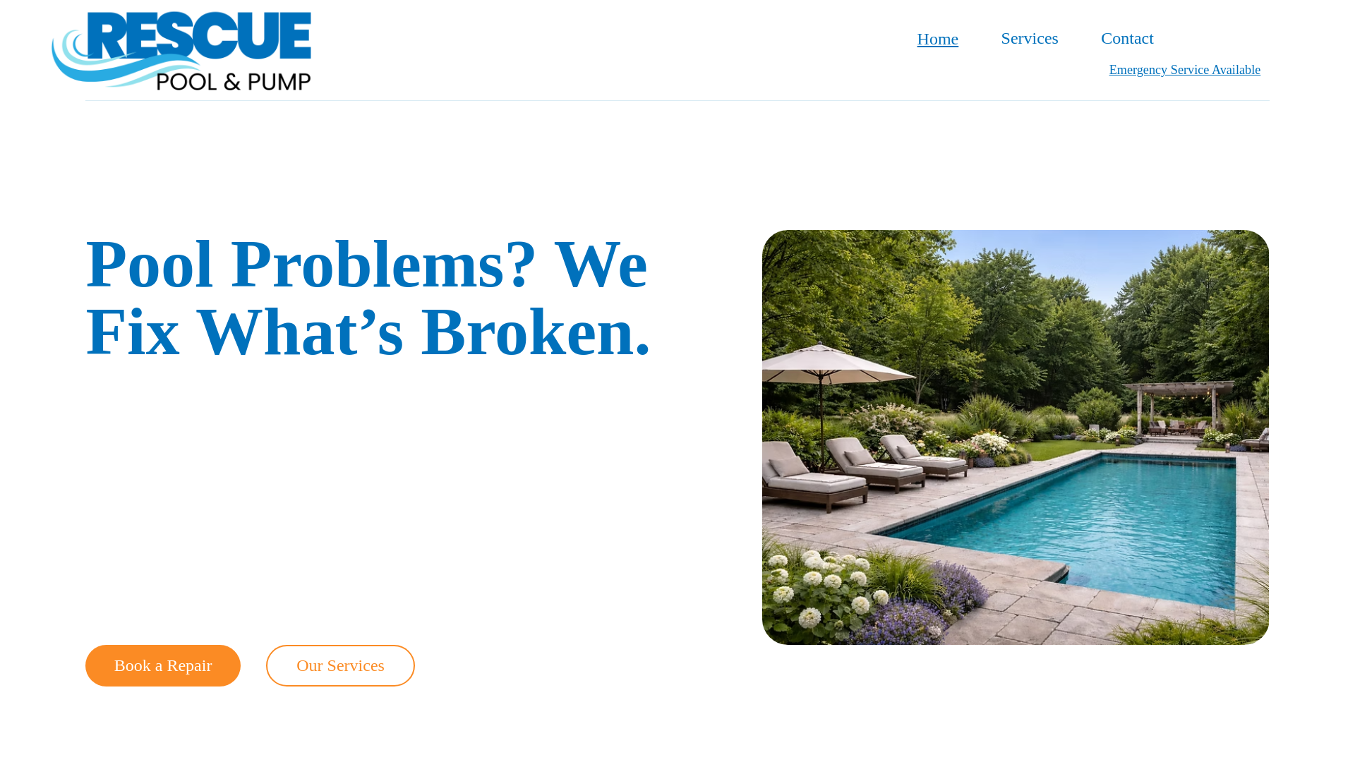 website screenshot of https://rescuepoolandpump.com