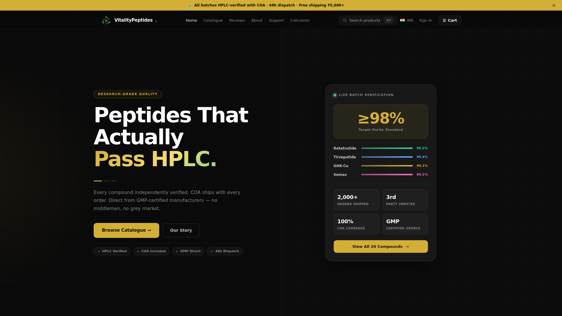 website screenshot of https://vitalitypeptides.in/