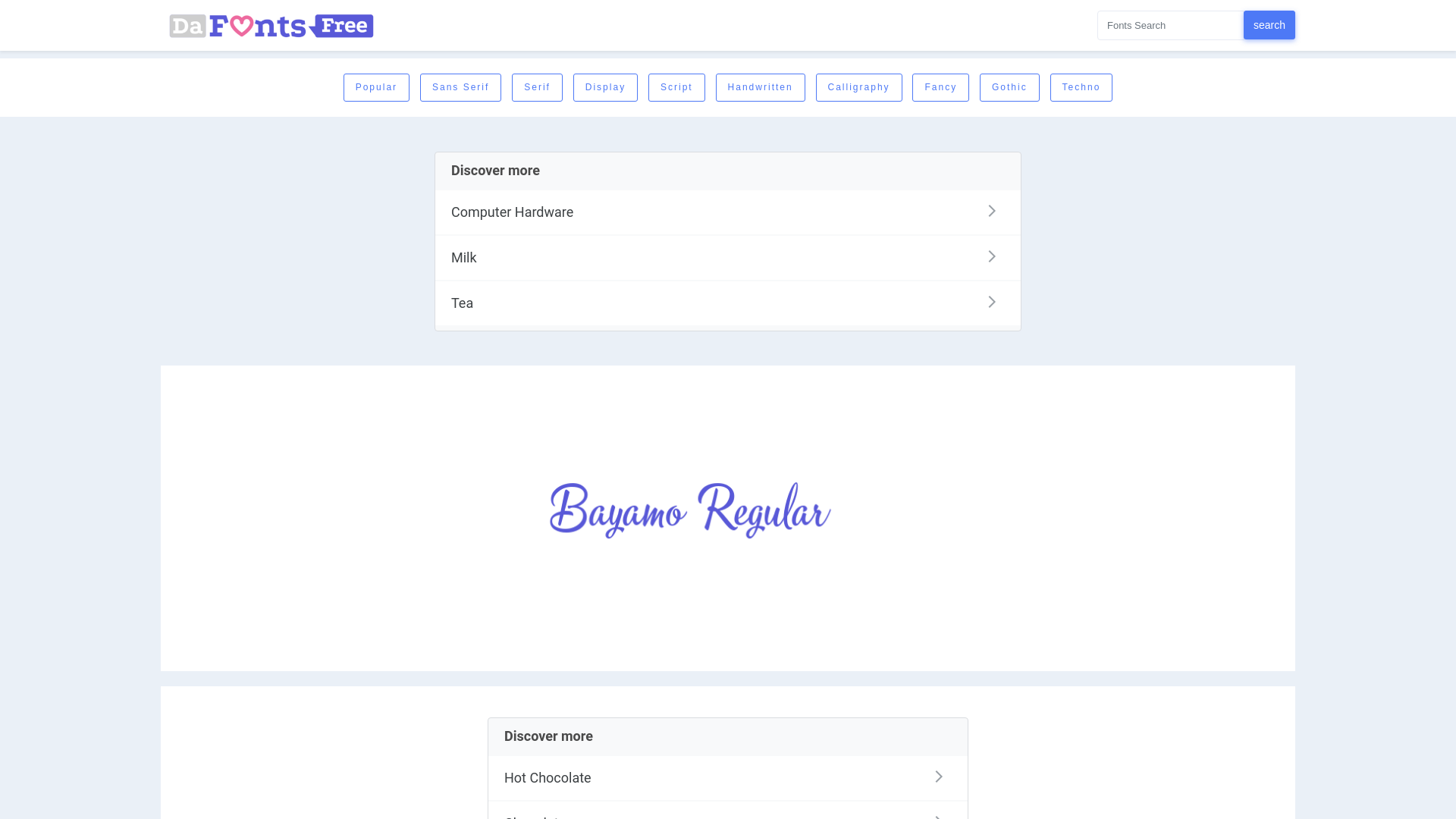 website screenshot of https://dafontsfree.net/bayamo-regular-font-download.html