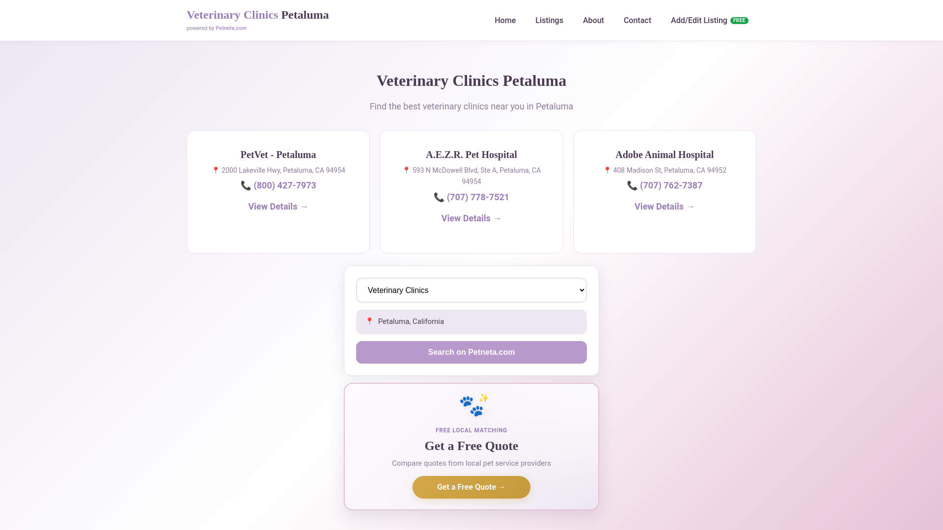 website screenshot of https://vetclinicpetaluma.com/