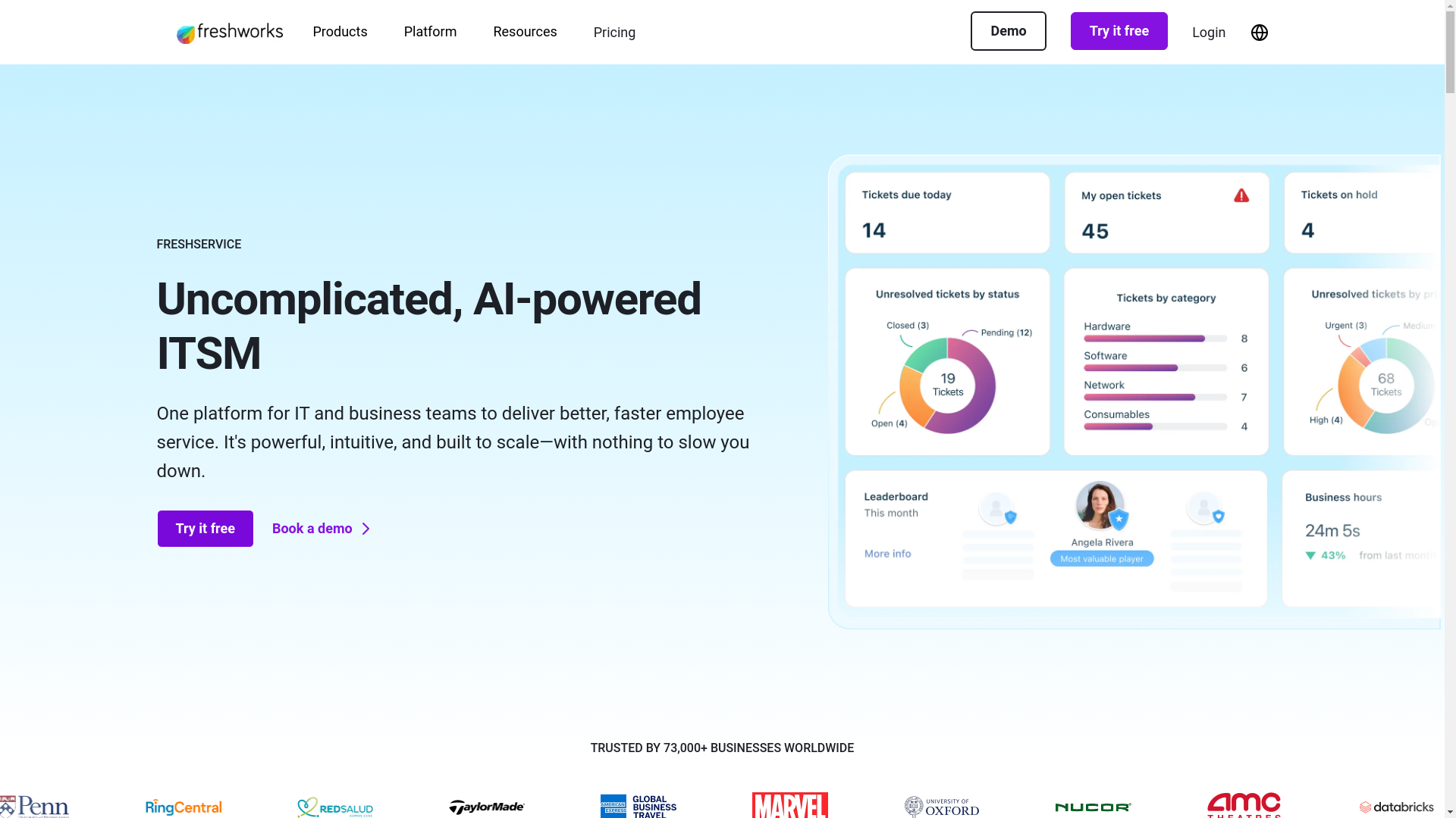 website screenshot of https://freshservice.com/