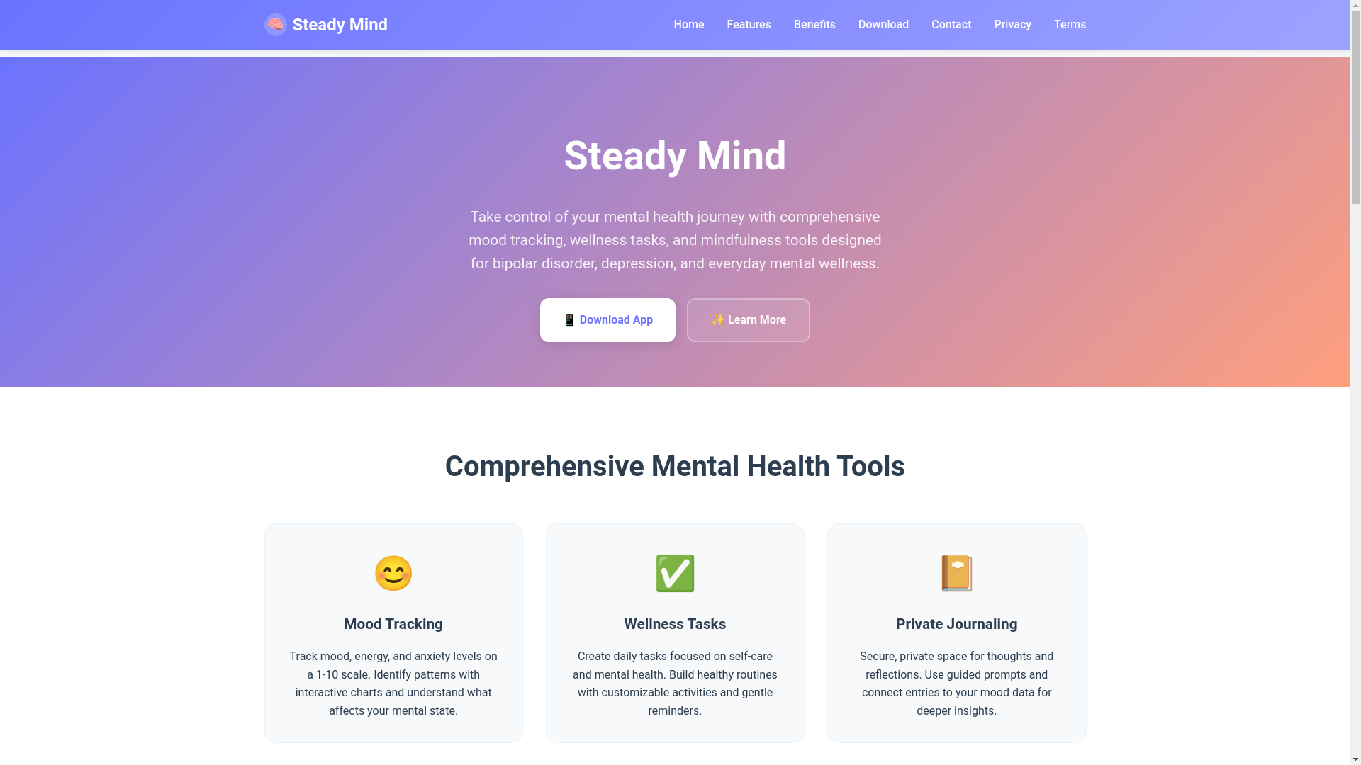 website screenshot of https://steadymindapp.com/