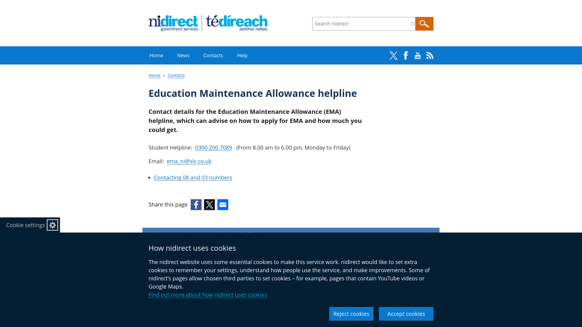 website screenshot of https://www.nidirect.gov.uk/contacts/education-maintenance-allowance-helpline
