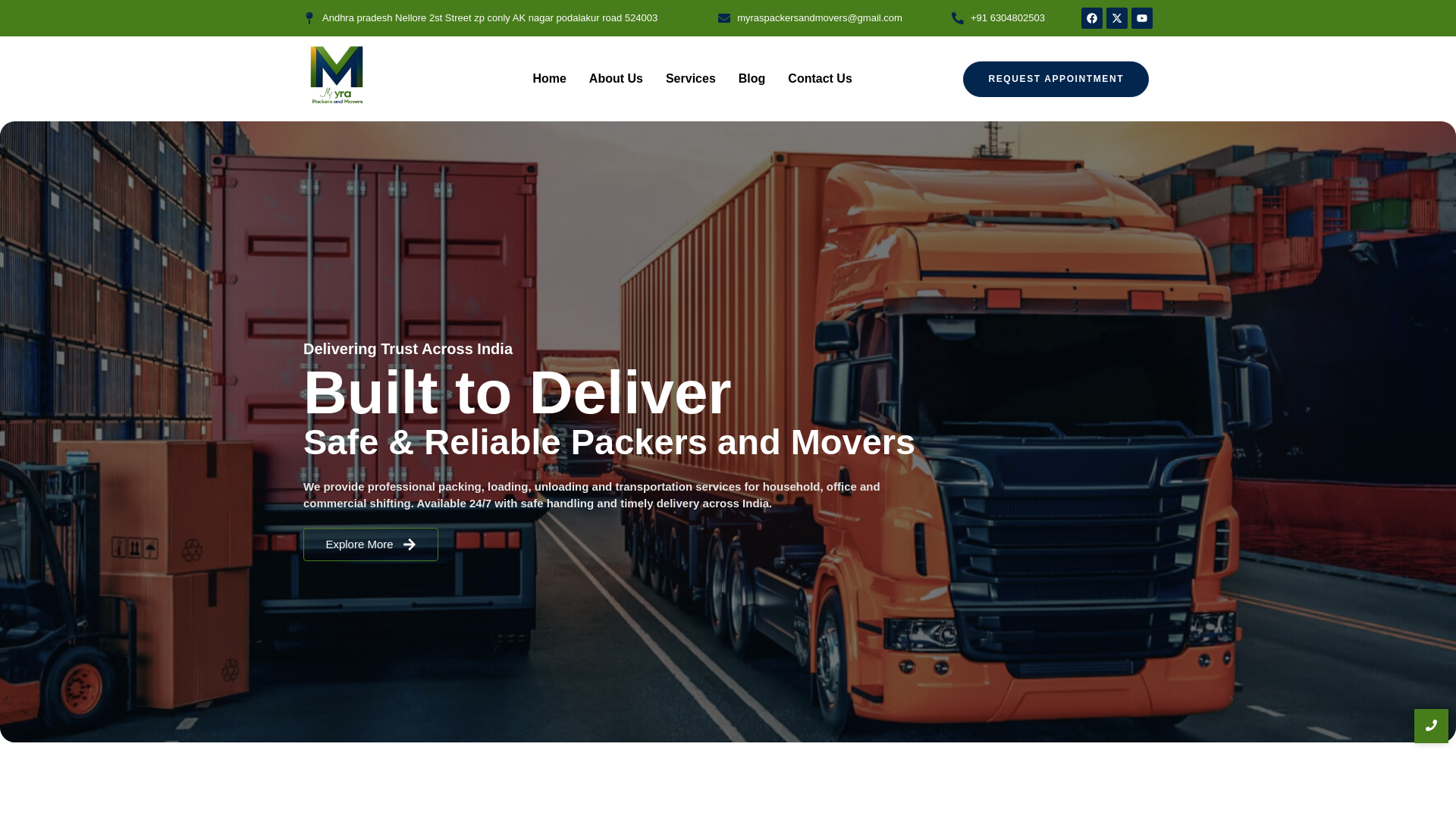 website screenshot of https://myrapackersandmovers.in/