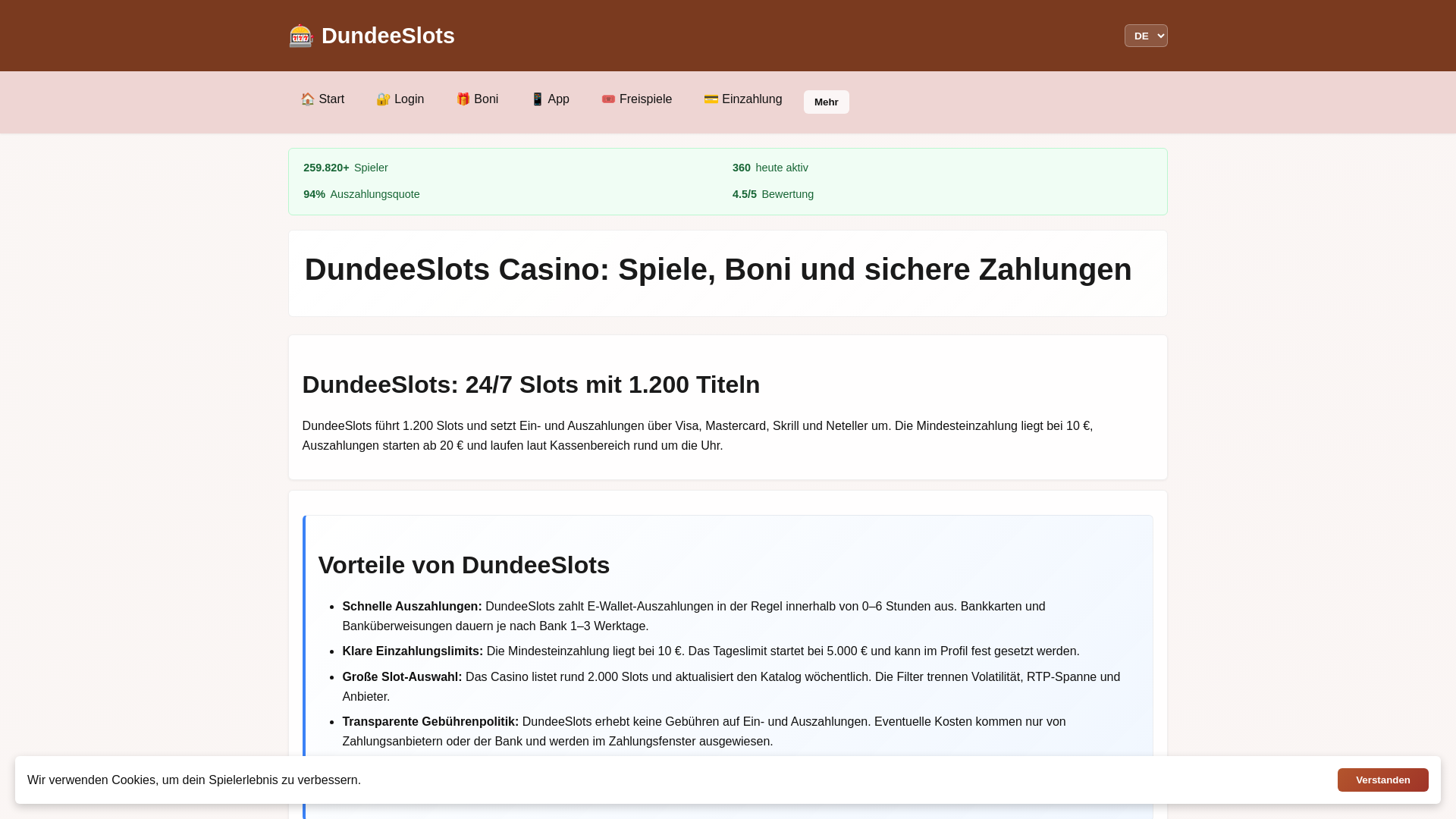 website screenshot of https://dundeeslots.co/