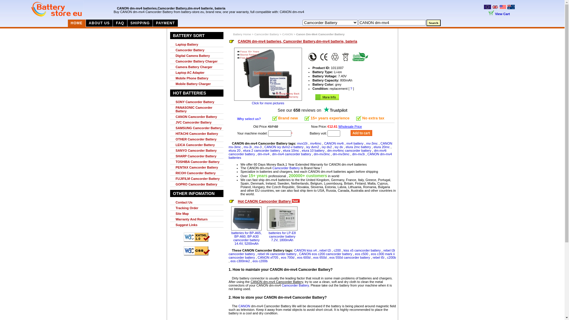 website screenshot of https://www.battery-store.eu/batteries.php/canon-dm-mv4/101/1011007/1186-2