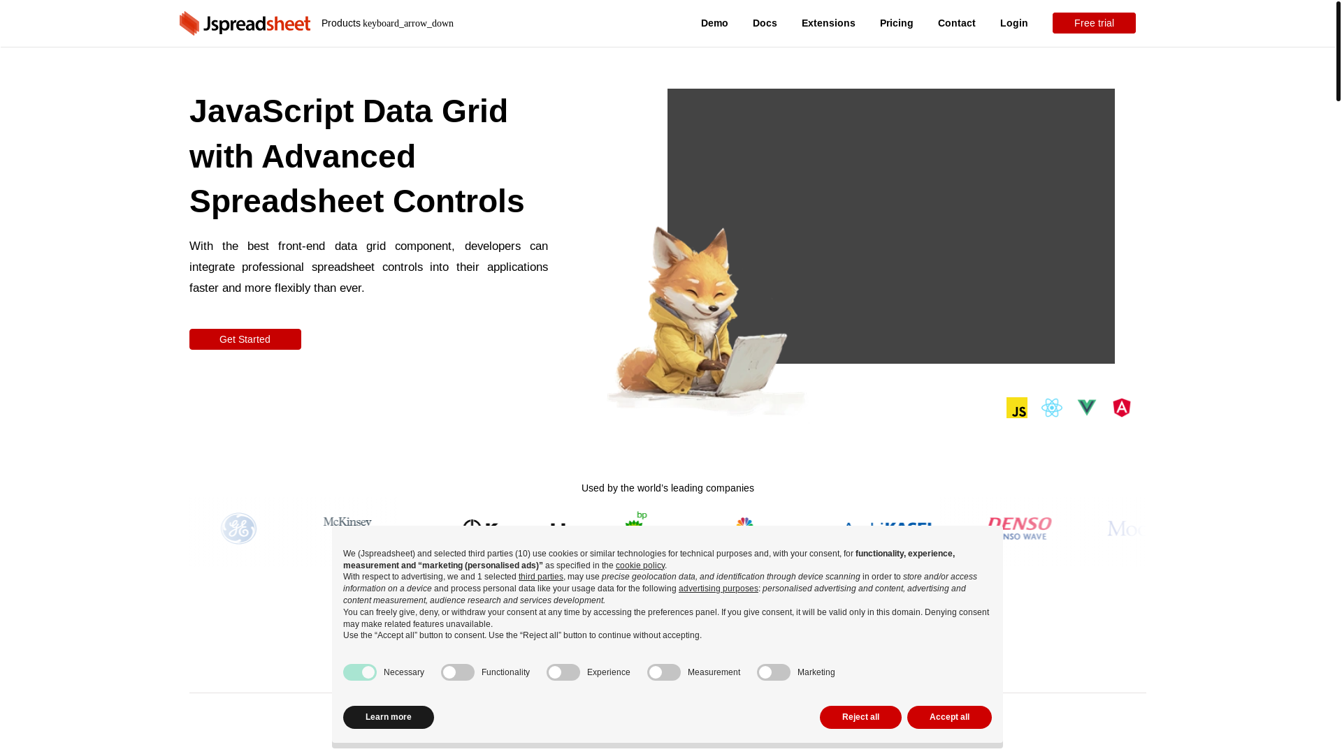 website screenshot of https://jspreadsheet.com/