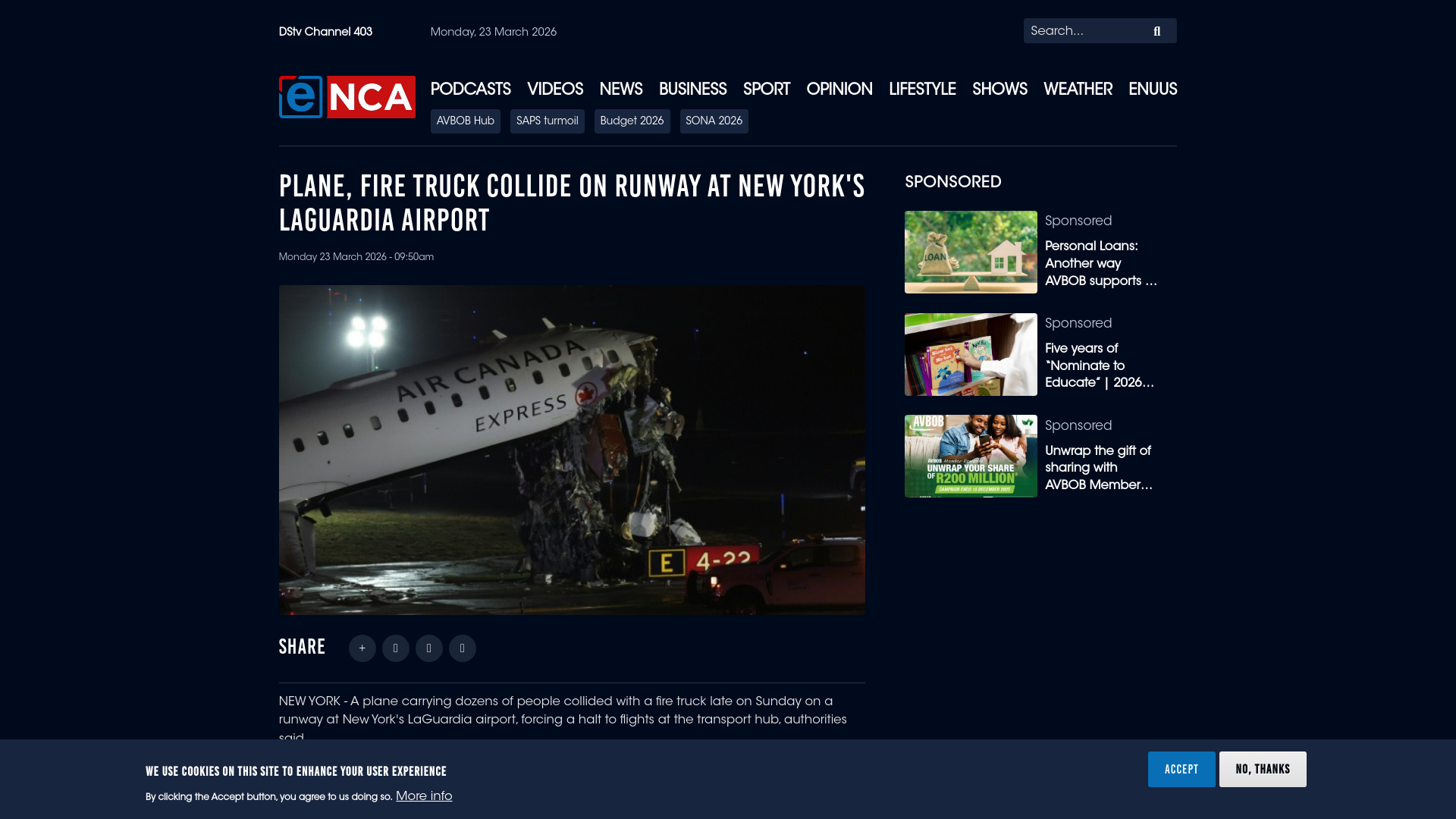 website screenshot of https://www.enca.com/news/plane-fire-truck-collide-runway-new-yorks-laguardia-airport