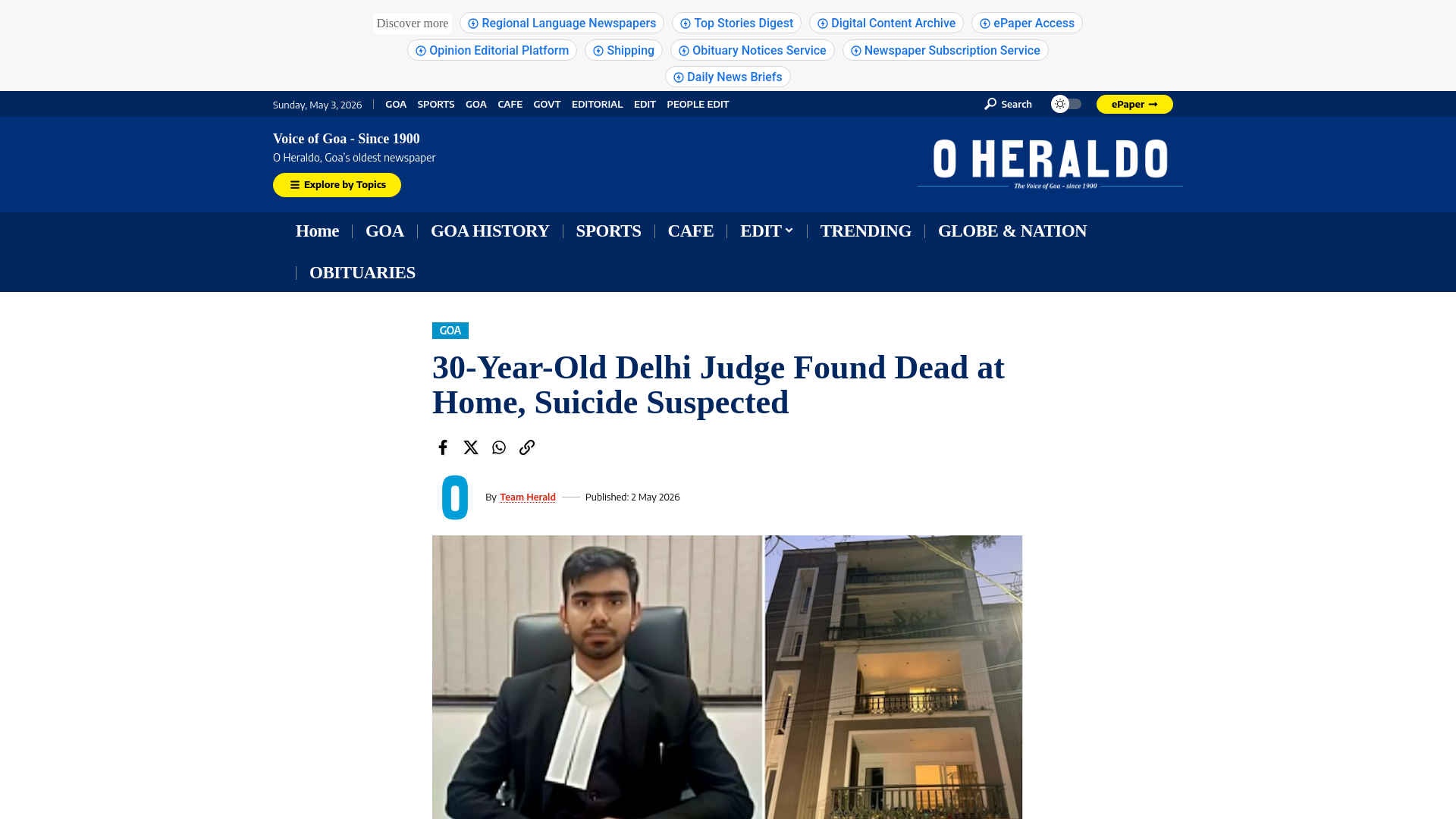 website screenshot of https://www.heraldgoa.in/goa/30-year-old-delhi-judge-found-dead-at-home-suicide-suspected/473549/