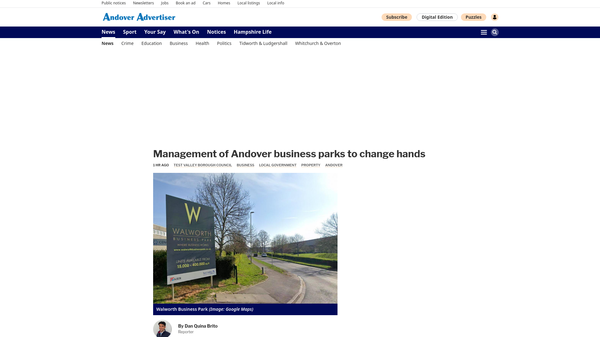 website screenshot of https://www.andoveradvertiser.co.uk/news/25953579.management-andover-business-parks-change-hands/