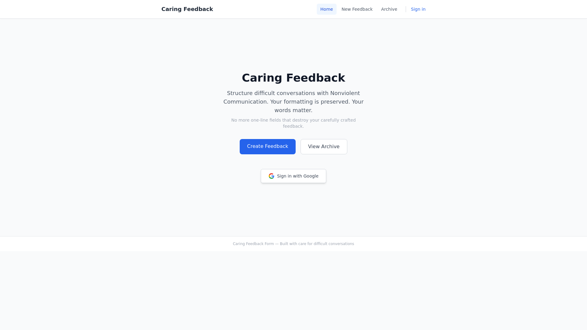 website screenshot of https://caringfeedback.com/