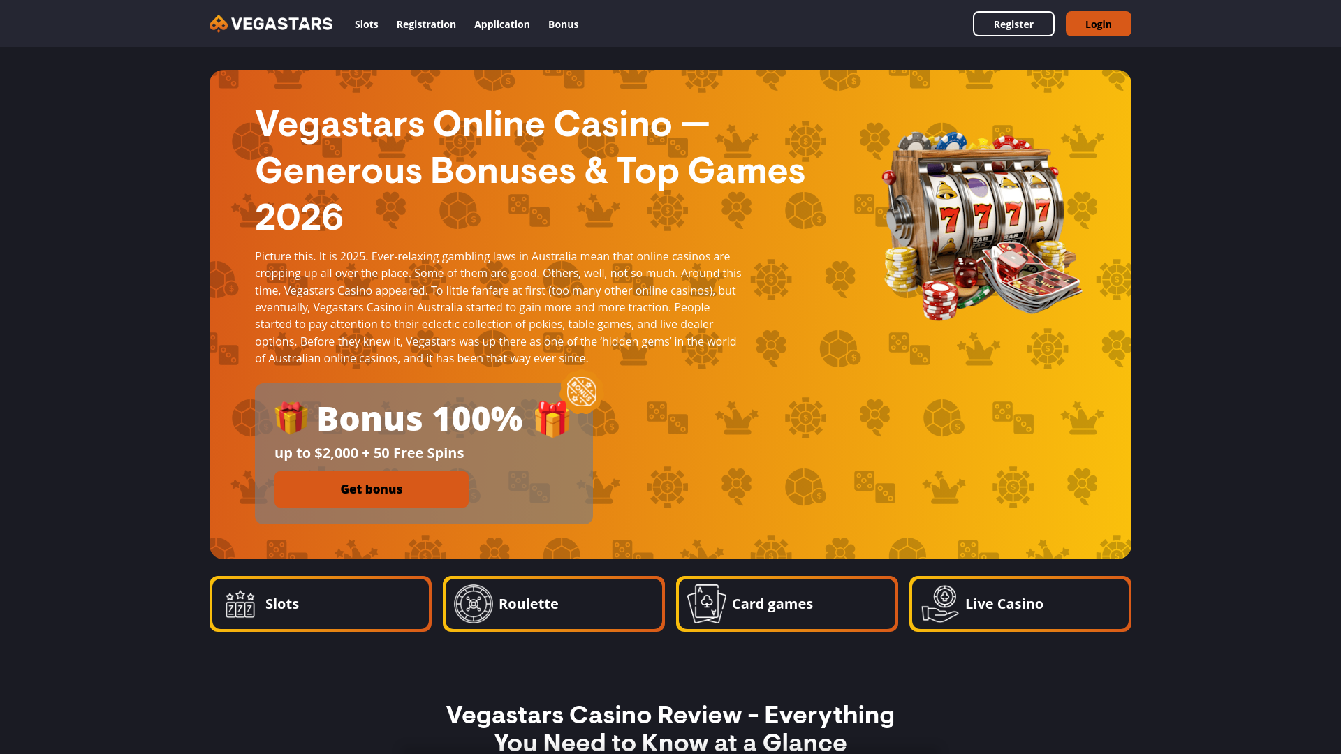 website screenshot of https://vegastarscasino.info