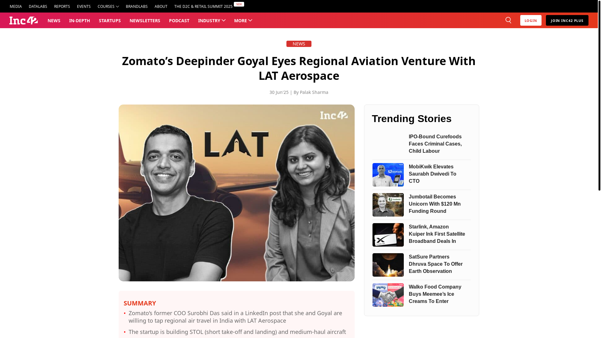website screenshot of https://inc42.com/buzz/zomatos-deepinder-goyal-eyes-regional-aviation-venture-with-lat-aerospace/