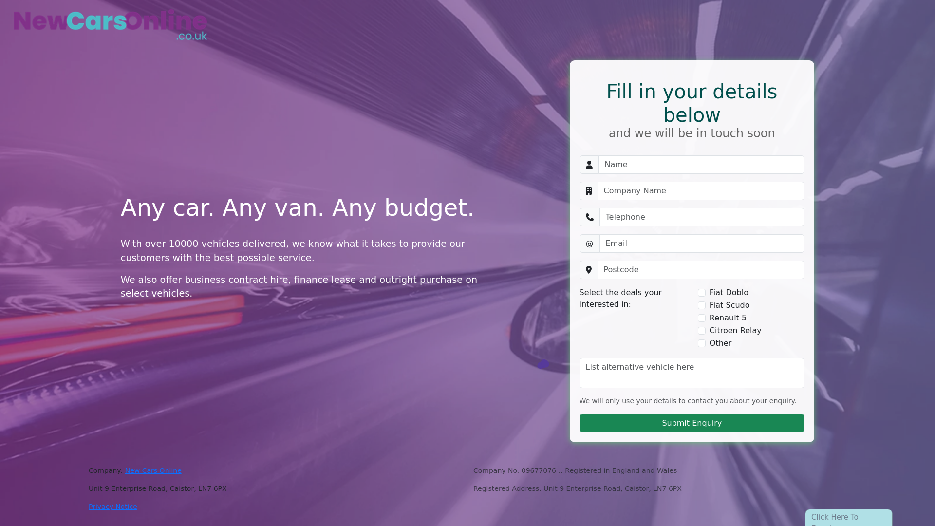 website screenshot of https://any-car-van-budget.co.uk/