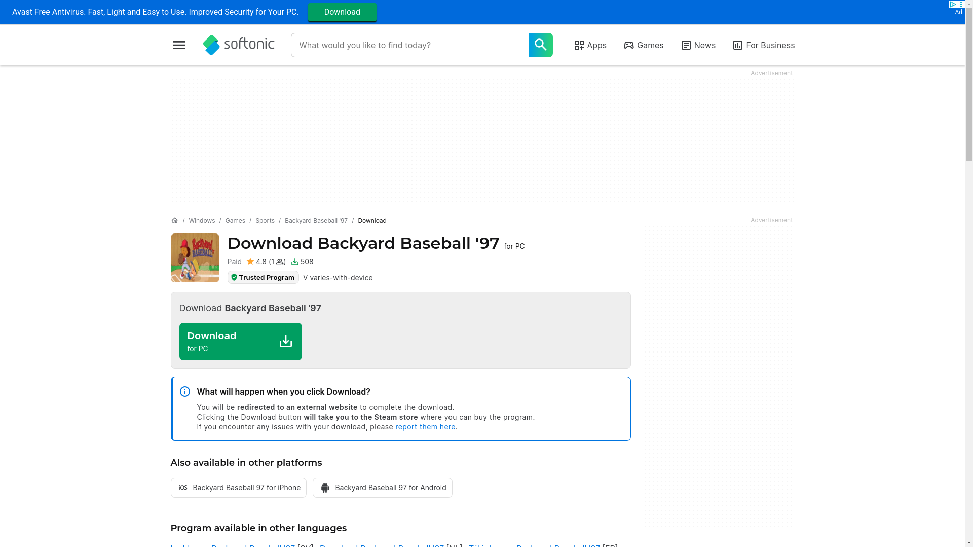 website screenshot of https://backyard-baseball-97.en.softonic.com/download?ex=RAMP-3406.3&rex=true