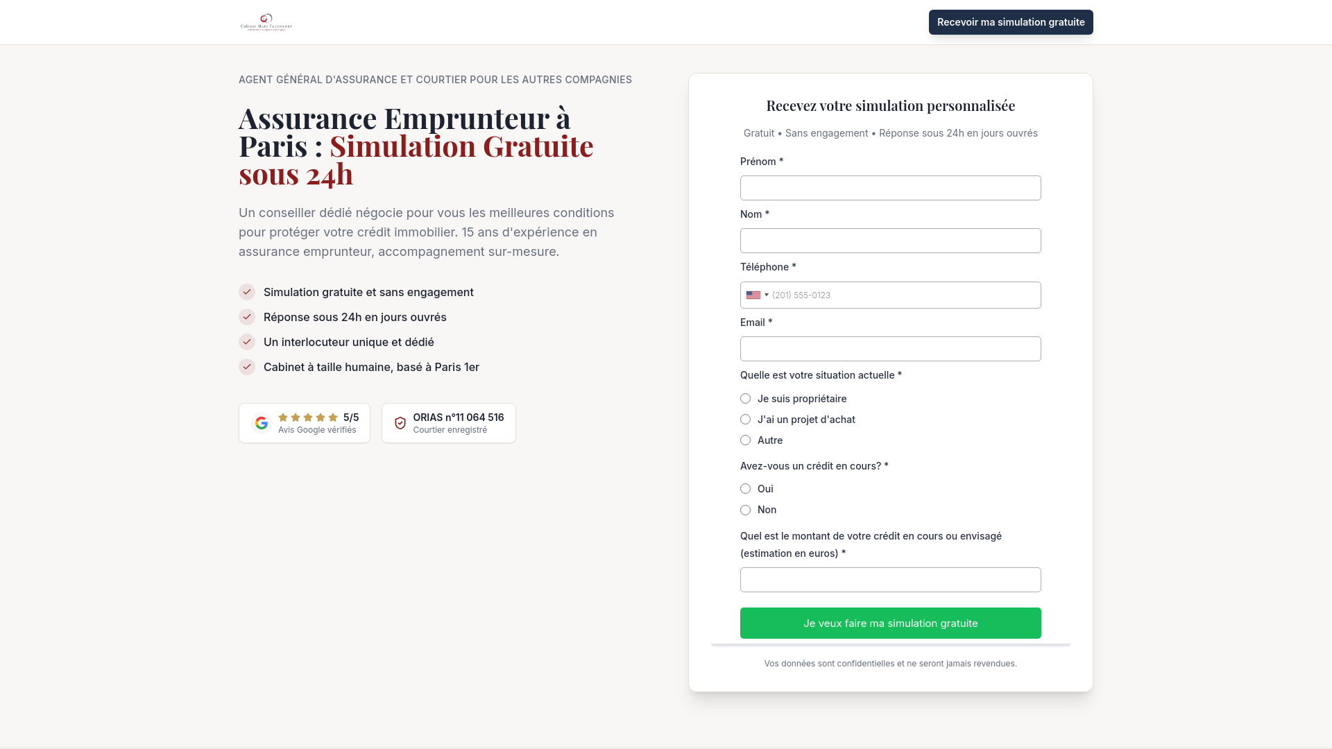 website screenshot of https://assuranceemprunteurparis.com