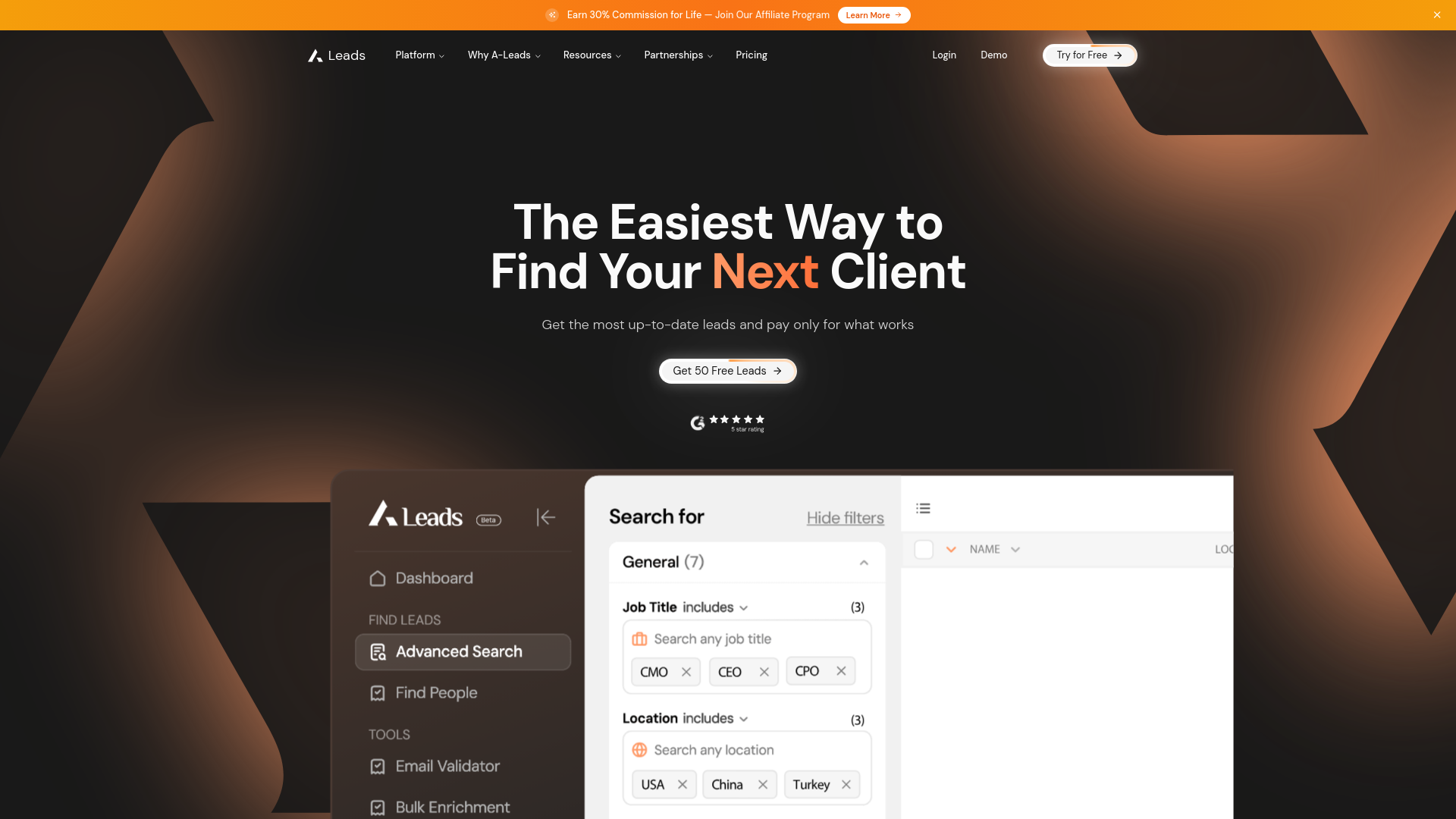 website screenshot of https://a-leads-landing-page.pages.dev/