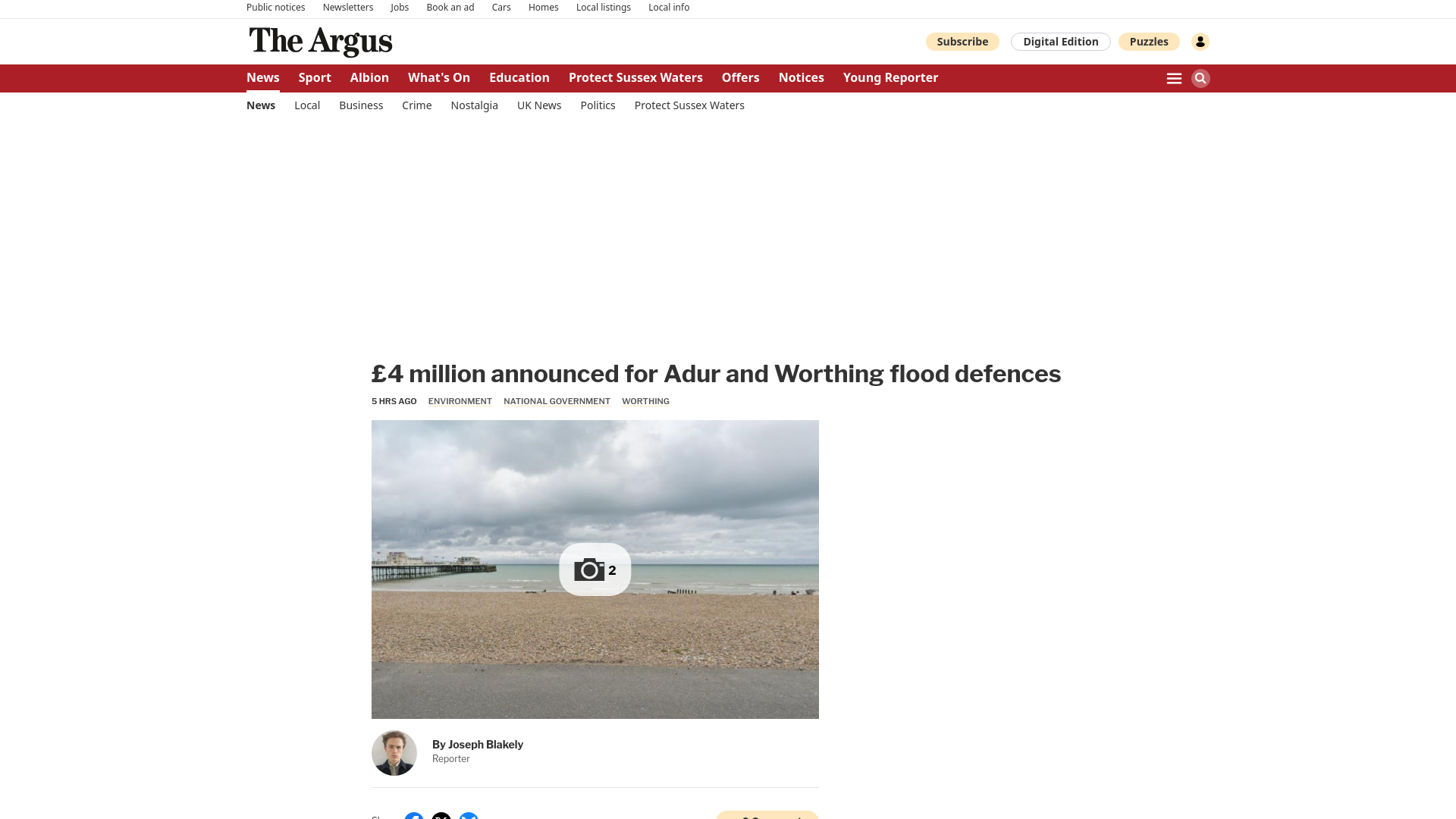 website screenshot of https://www.theargus.co.uk/news/25954257.4-million-announced-adur-worthing-flood-defences/