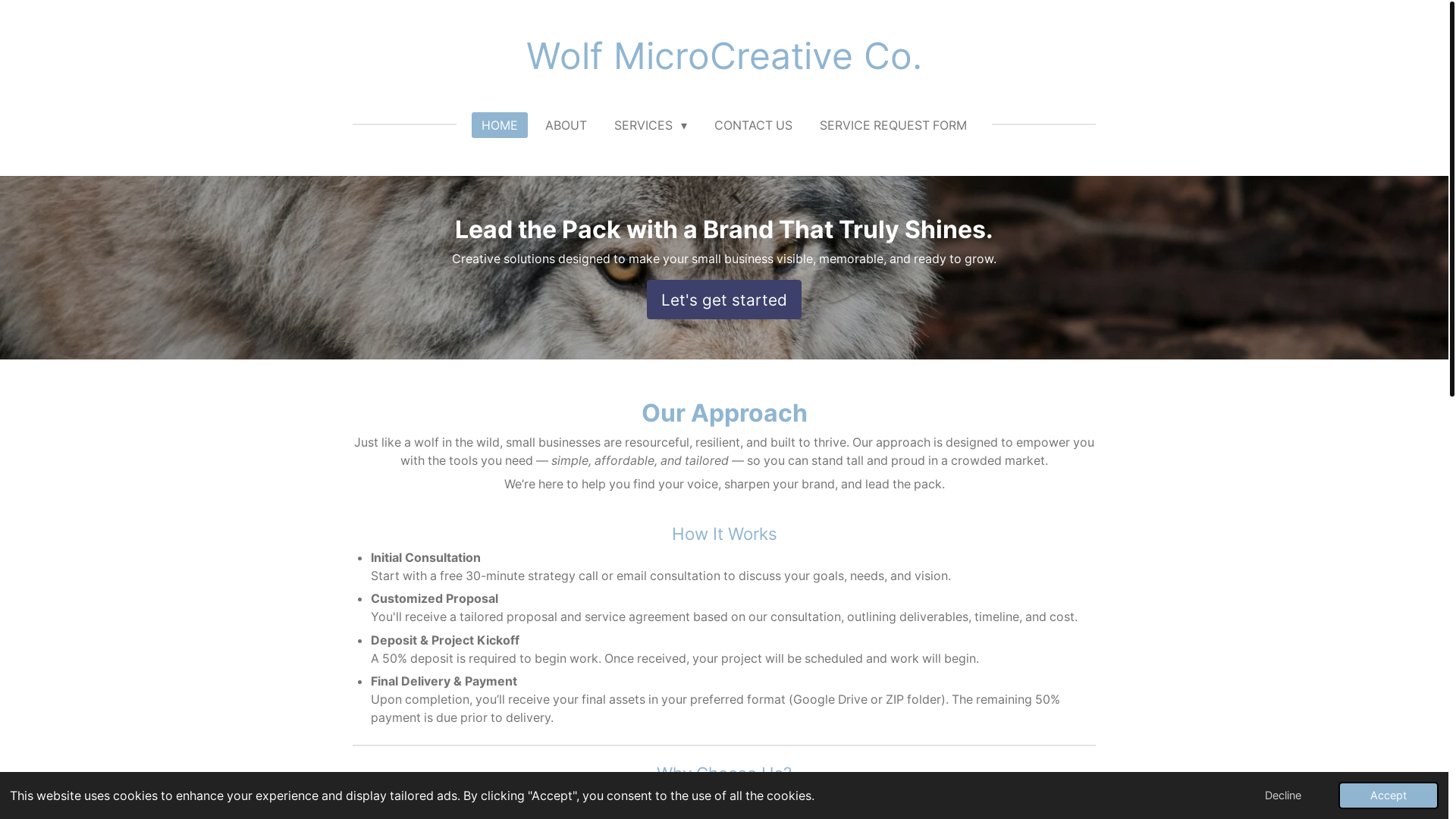 website screenshot of https://wolfmicrocreative.com/