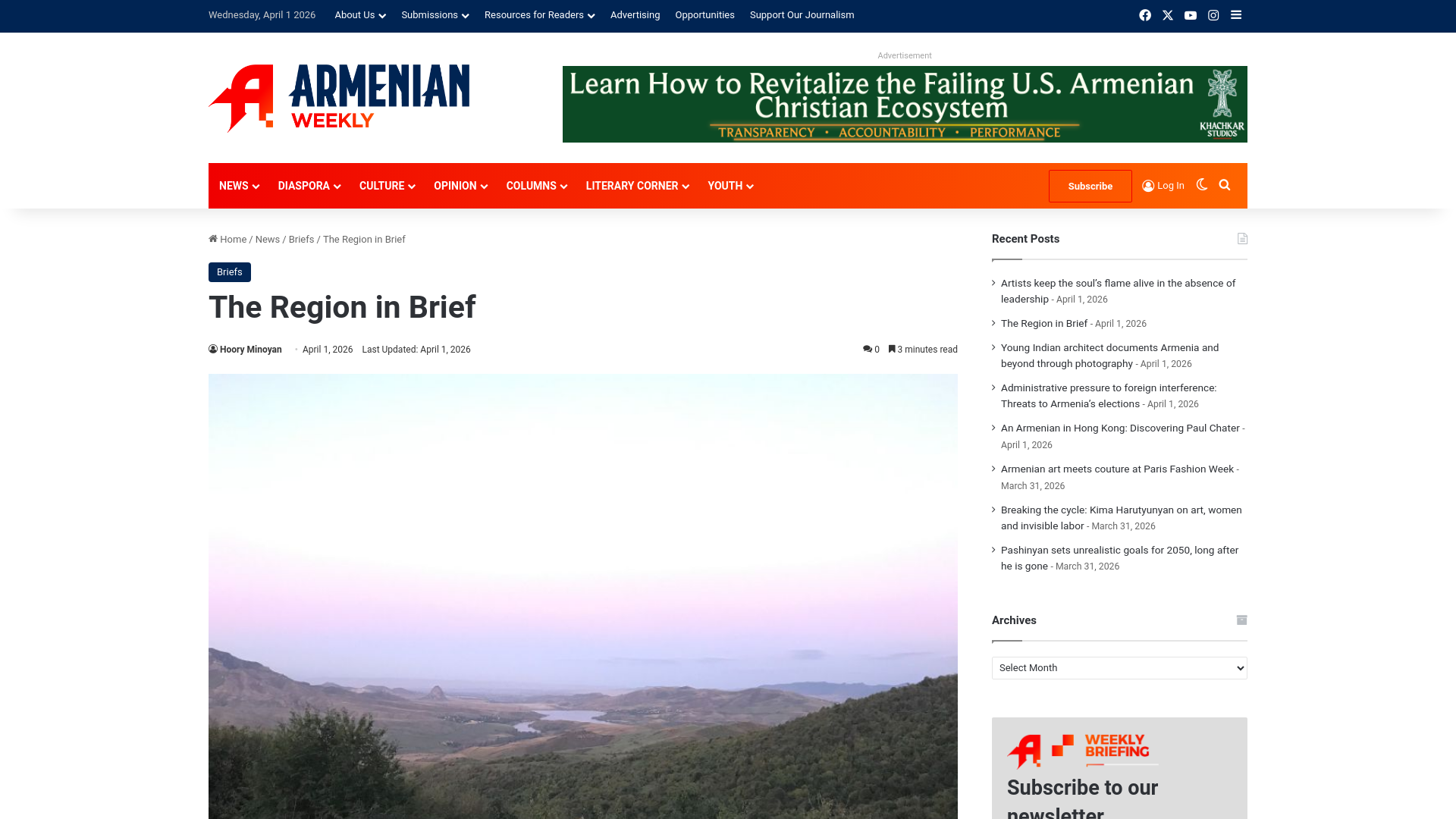 website screenshot of https://armenianweekly.com/2026/04/01/the-region-in-brief-163/