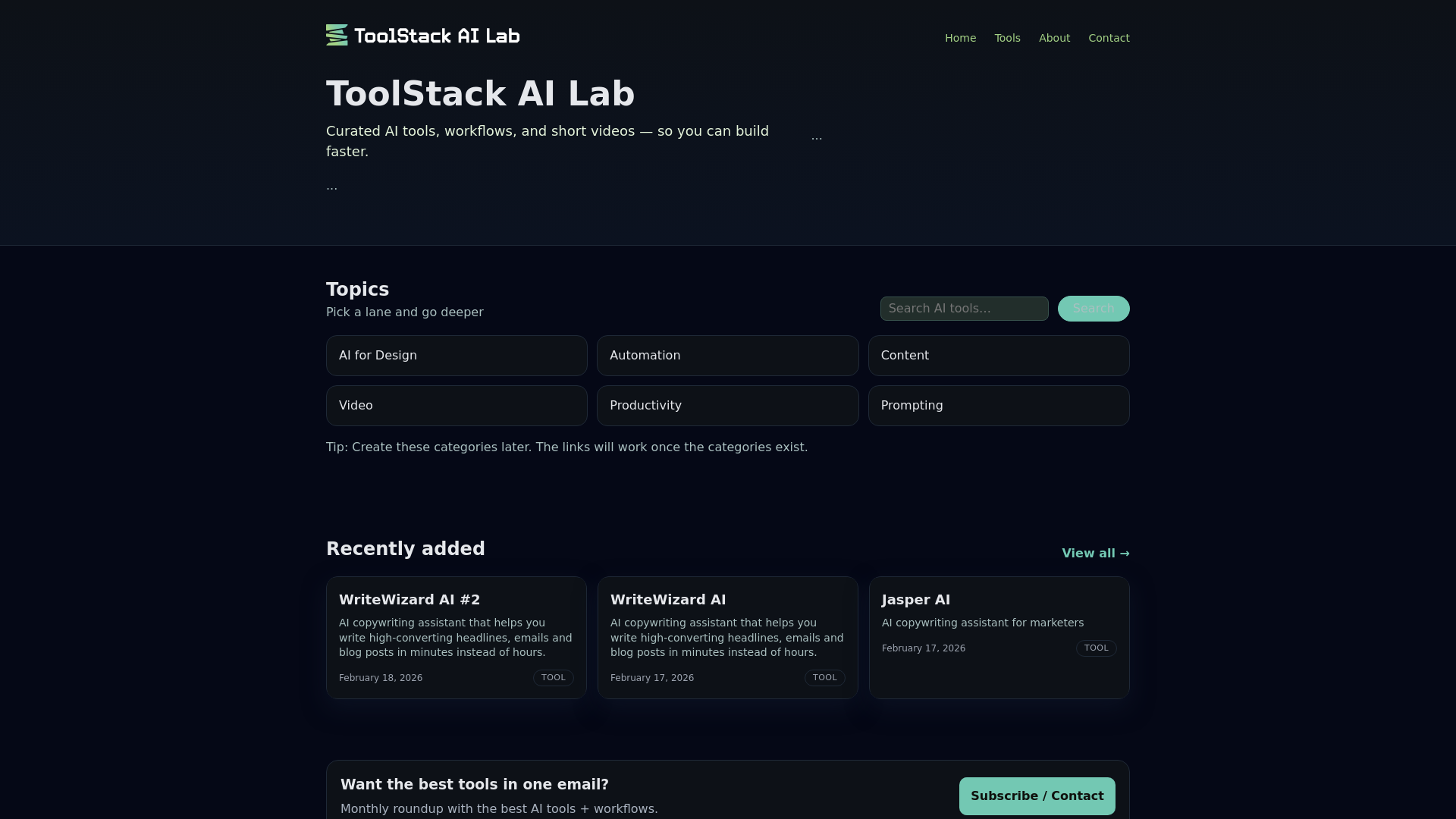 website screenshot of https://toolstackailab.com/