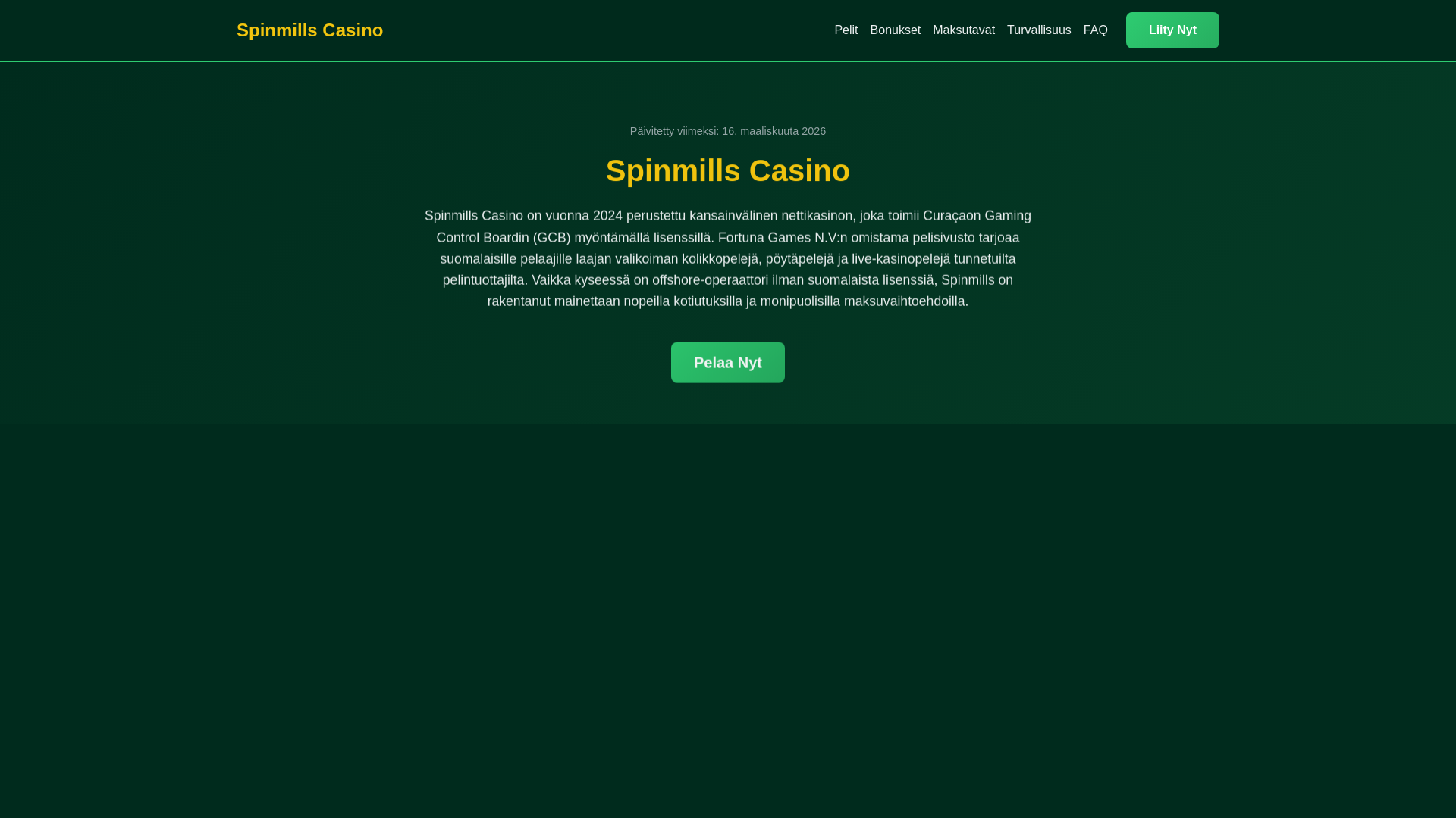 website screenshot of https://spinmills-kasino.fi/