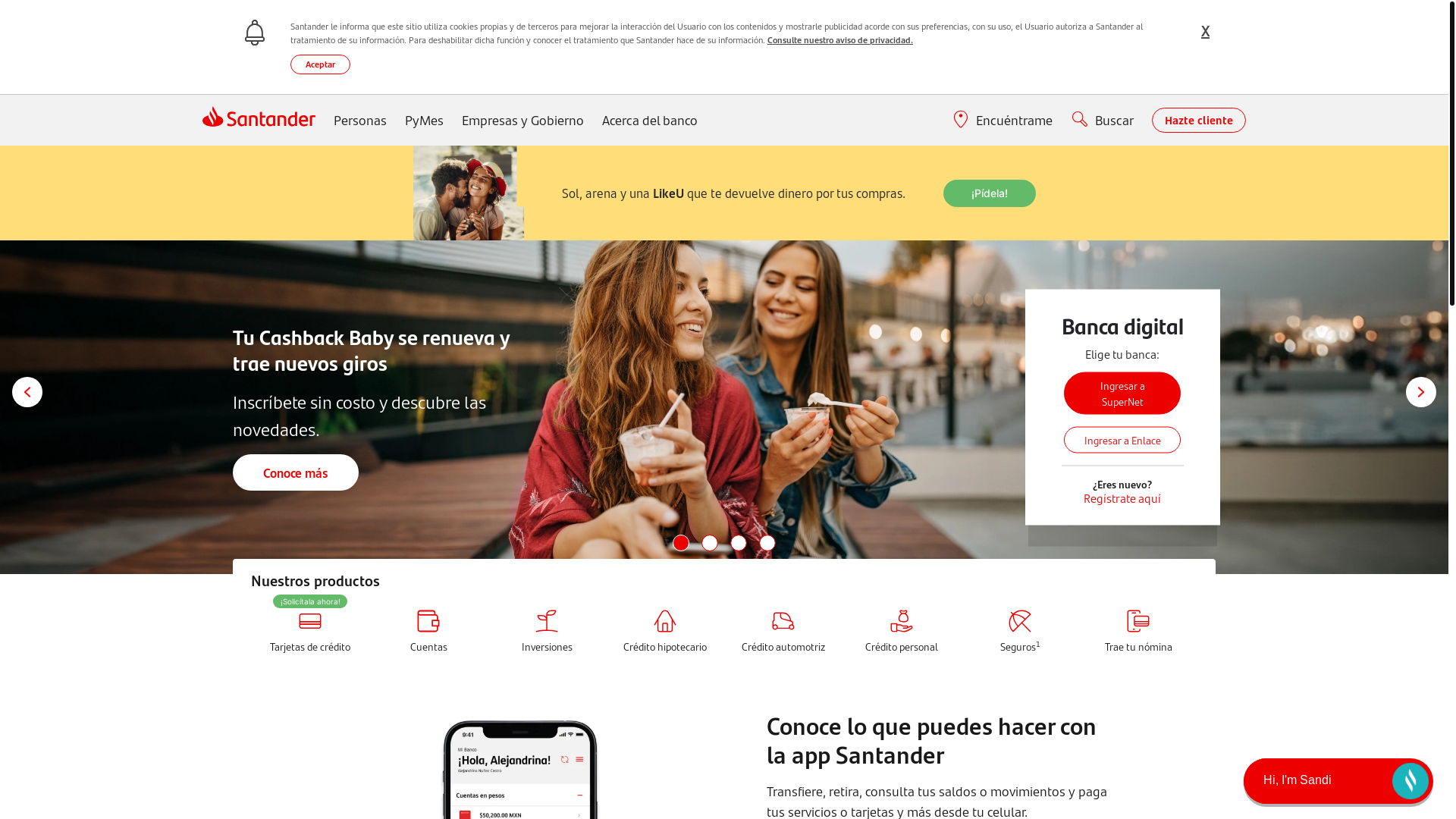 website screenshot of https://www.santander.com.mx/
