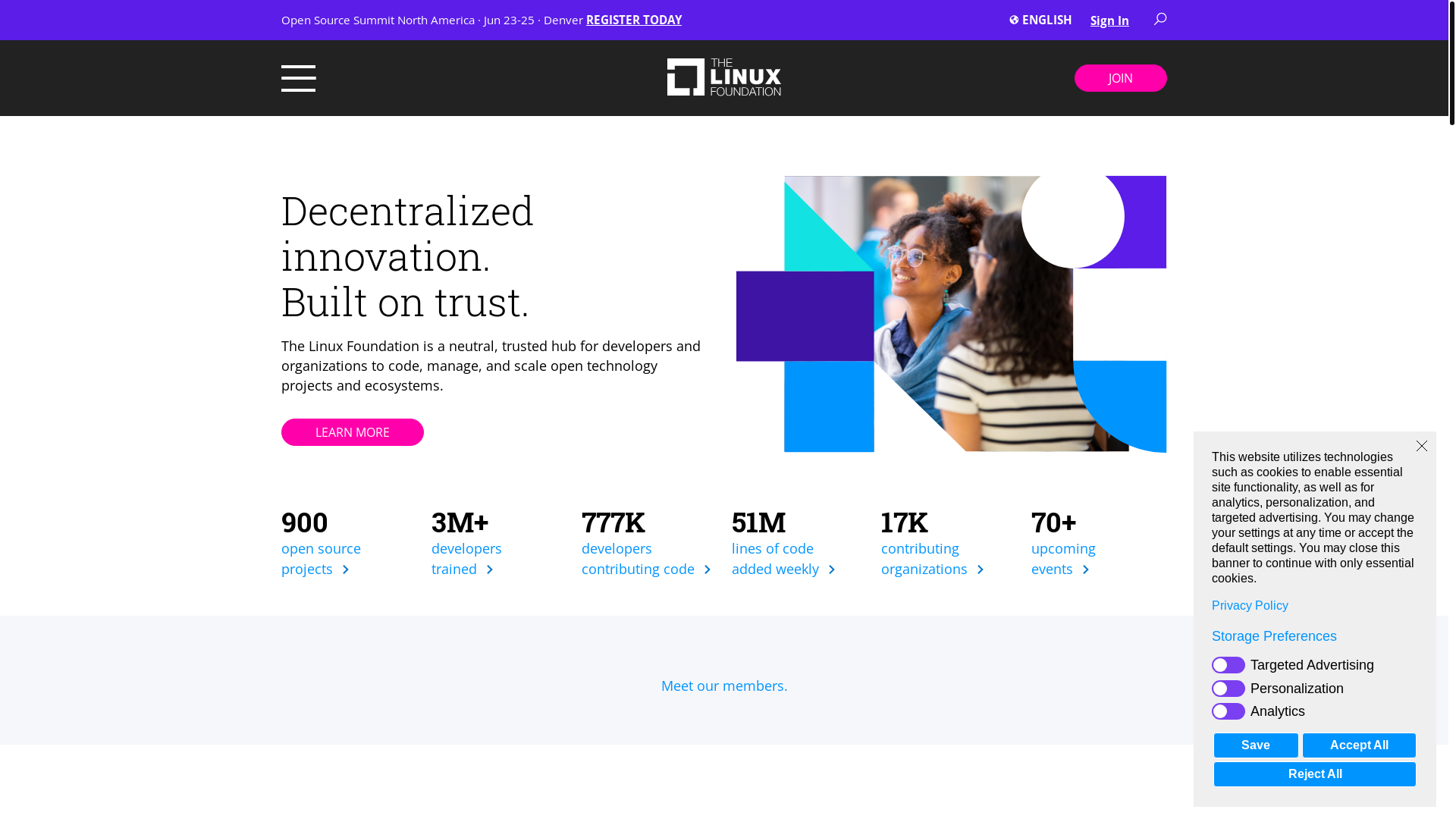 website screenshot of https://linuxfoundation.org/