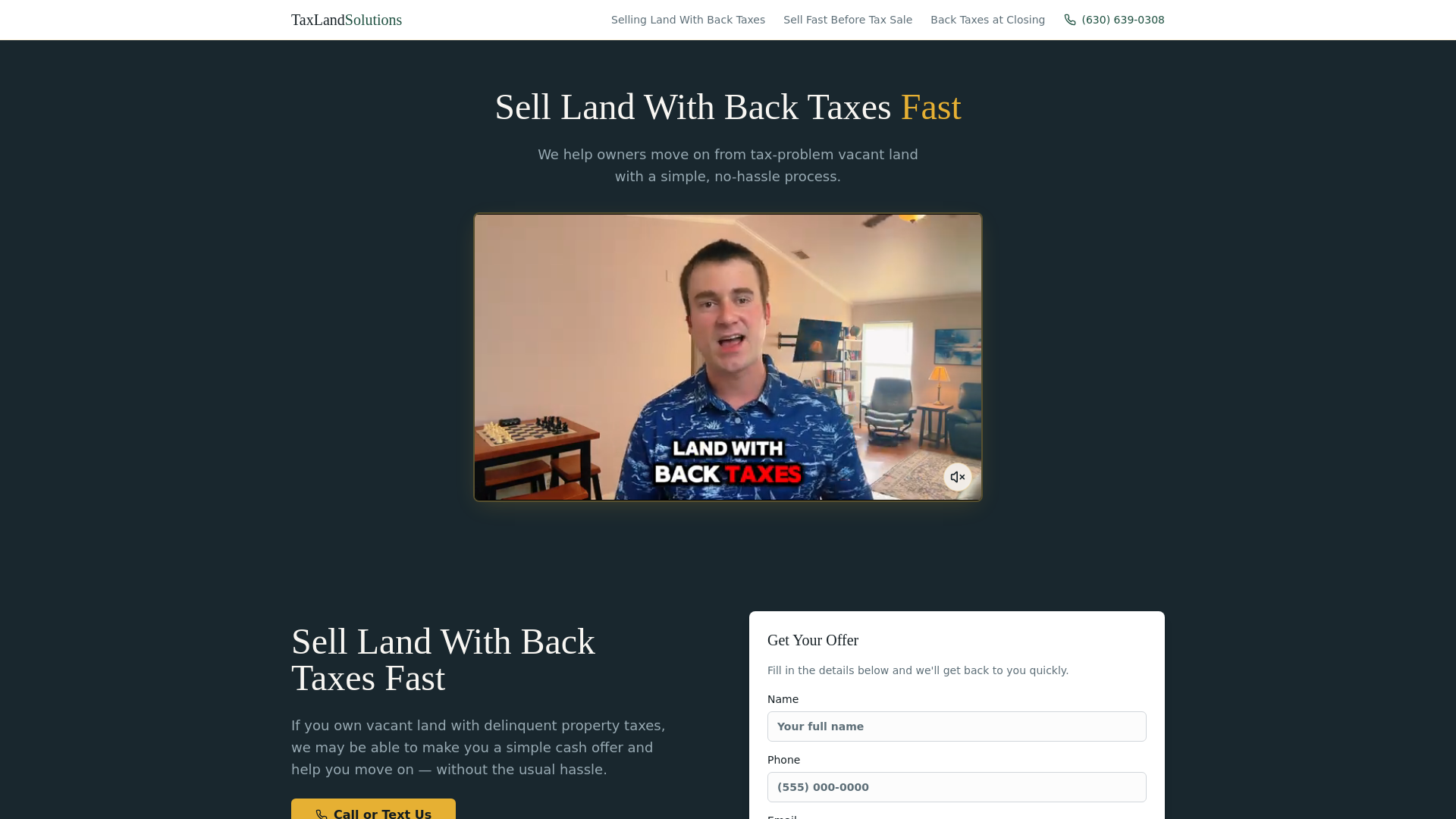 website screenshot of https://selllandwithbacktaxes.com