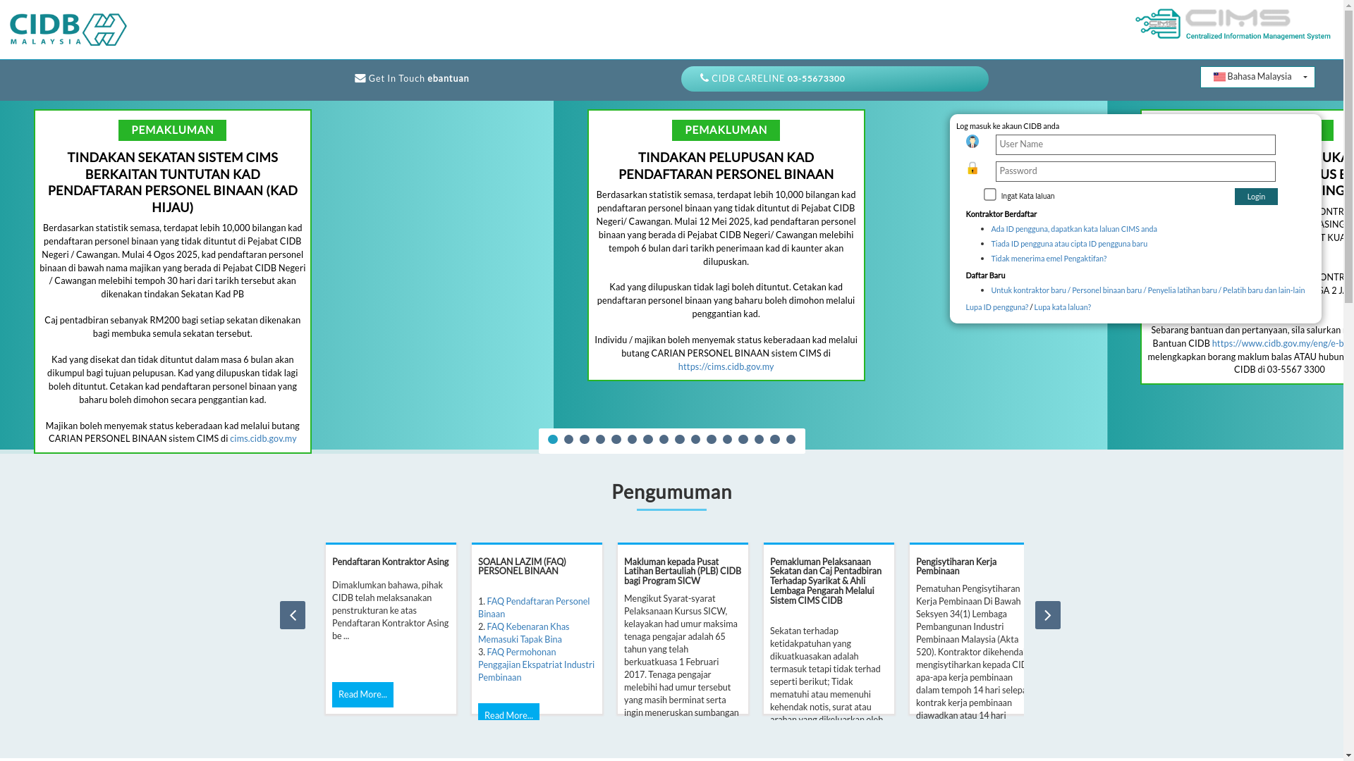 website screenshot of https://cimstraining.cidb.gov.my/
