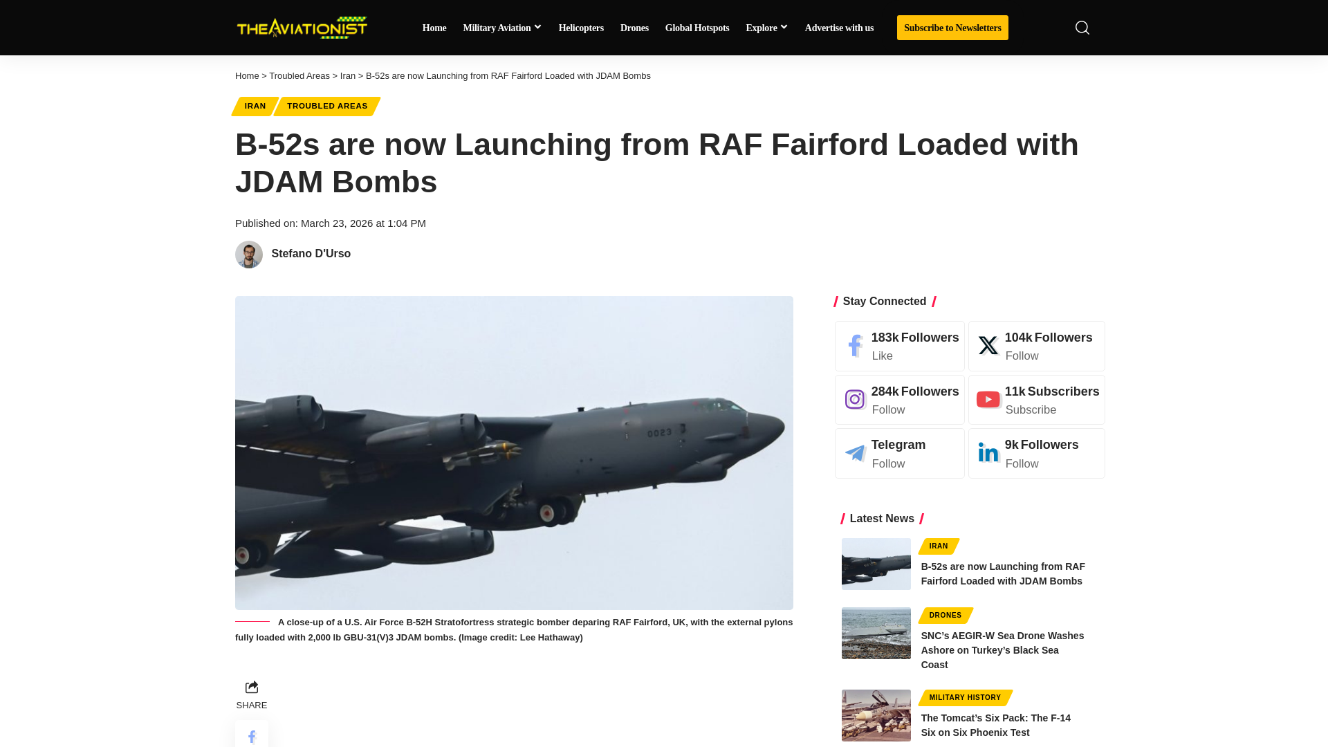 website screenshot of https://theaviationist.com/2026/03/23/b-52s-launching-from-raf-fairford-with-jdams/