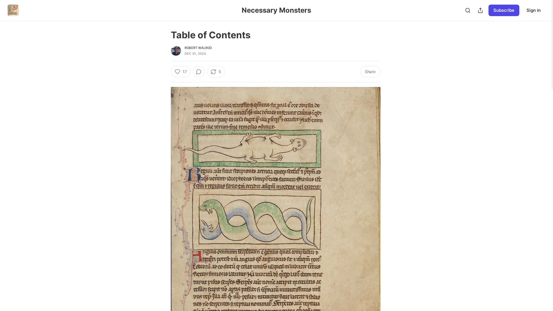 website screenshot of https://necessarymonsters.substack.com/p/table-of-contents
