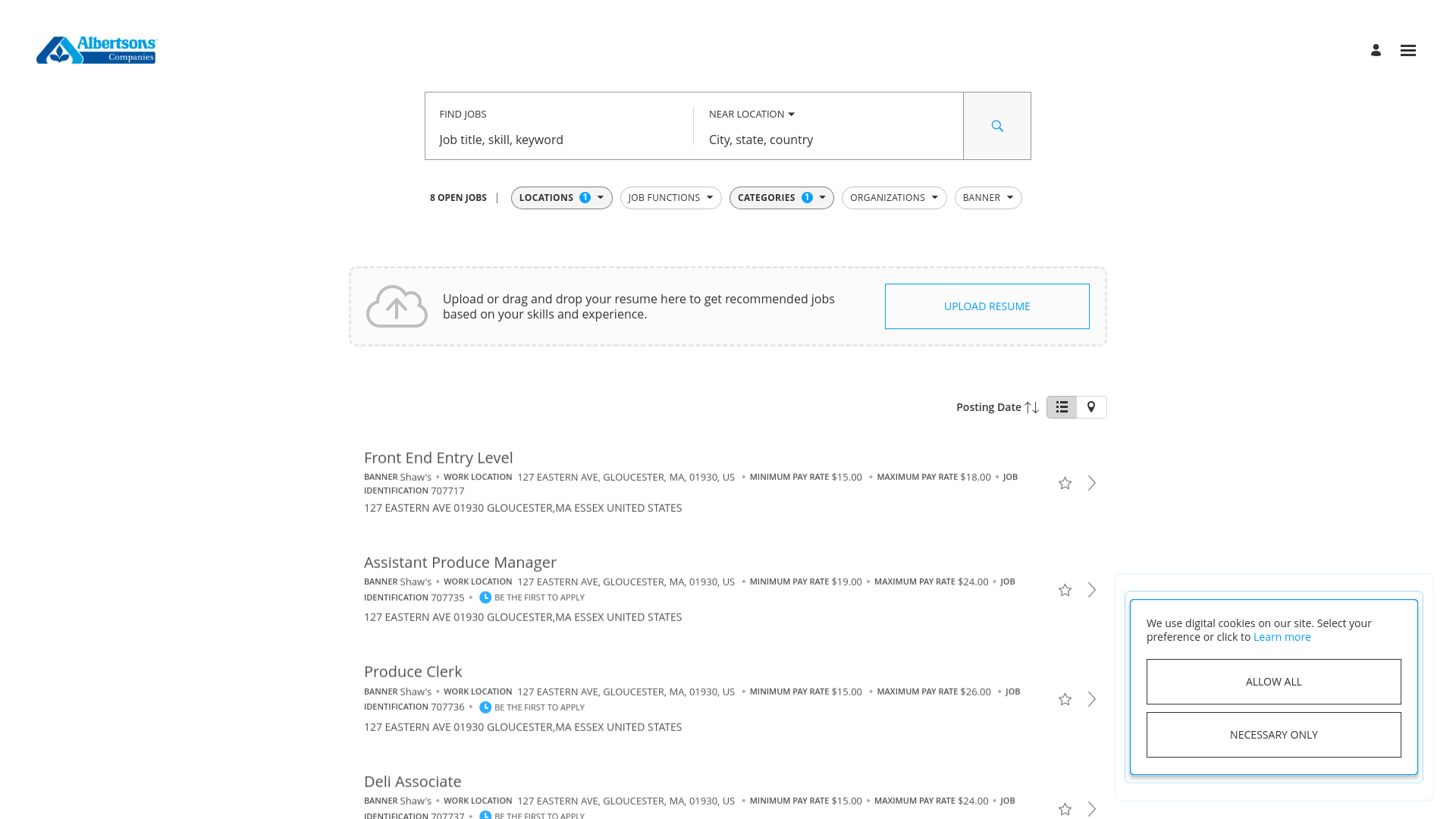 website screenshot of https://eofd.fa.us6.oraclecloud.com/hcmUI/CandidateExperience/en/sites/CX_1001/jobs?selectedCategoriesFacet=300000034963805&selectedLocationsFacet=300000002789899&sortBy=POSTING_DATES_DESC