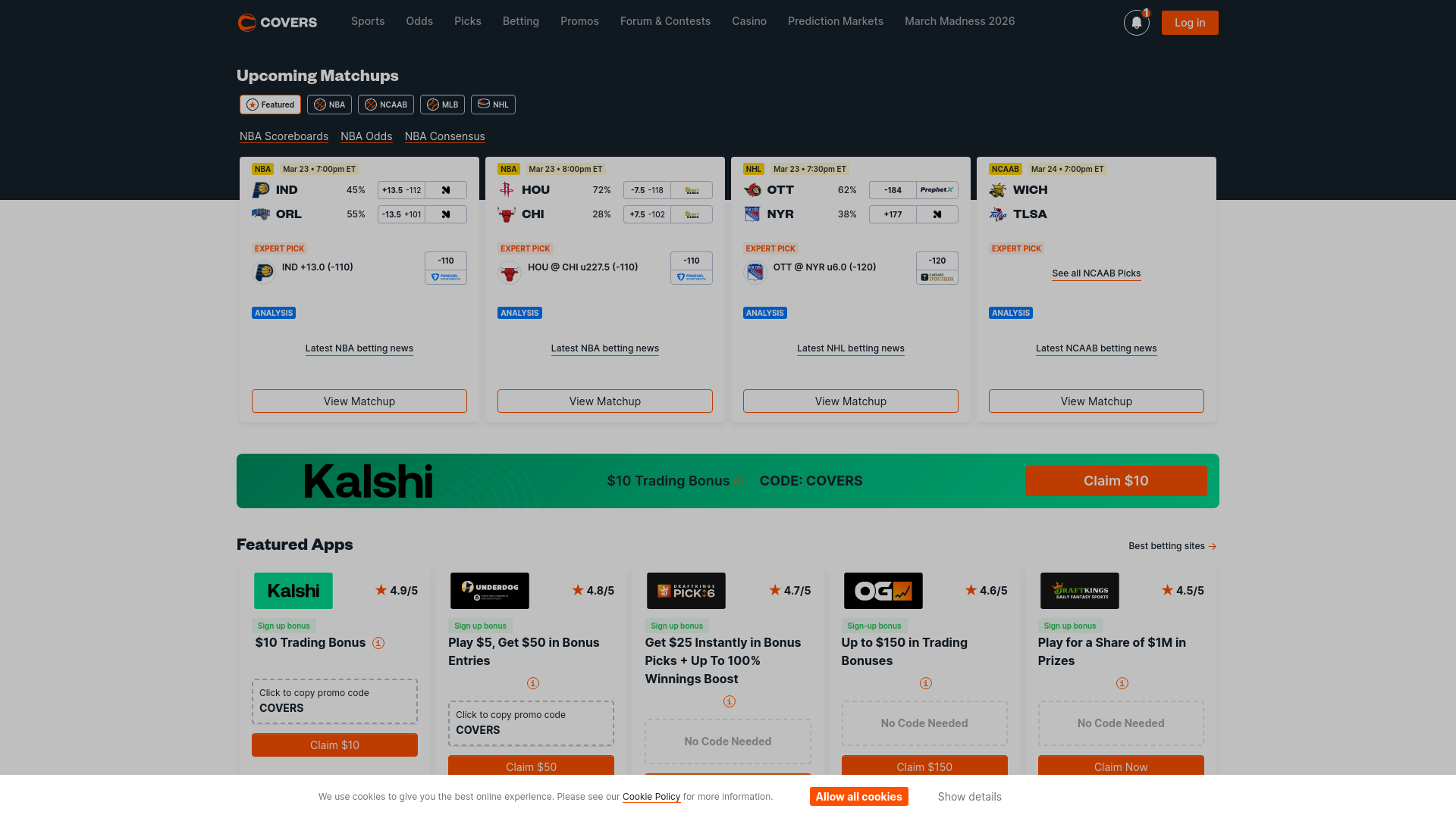 website screenshot of https://www.covers.com