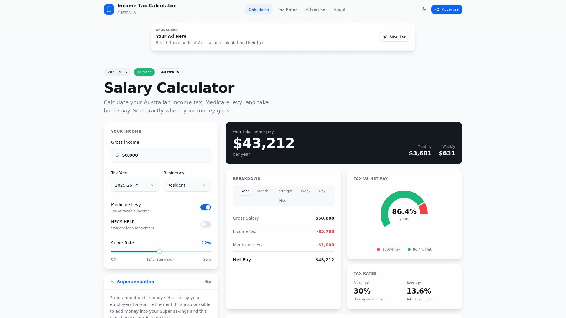 website screenshot of https://salarypaycalculator.com/