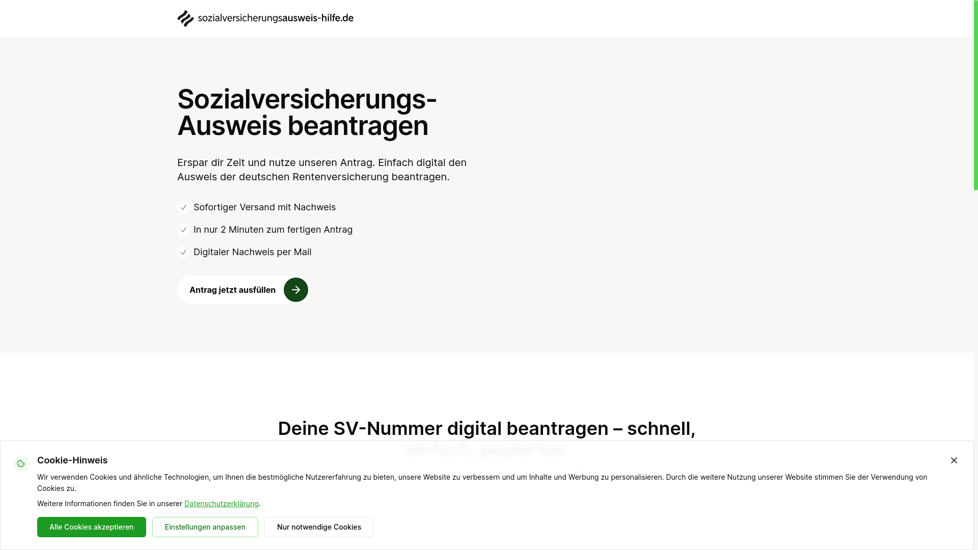 website screenshot of https://sozialversicherungsausweis-hilfe.de/