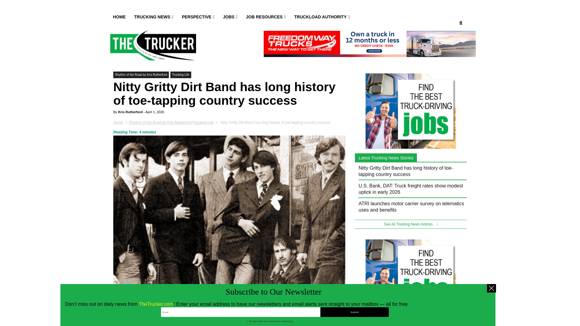 website screenshot of https://www.thetrucker.com/trucking-news/perspective/rhythm-of-the-road-by-kris-rutherford/nitty-gritty-dirt-band-has-long-history-of-toe-tapping-country-success