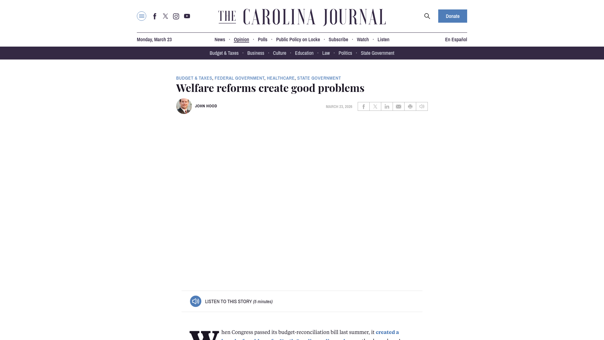 website screenshot of https://www.carolinajournal.com/opinion/welfare-reforms-create-good-problems/