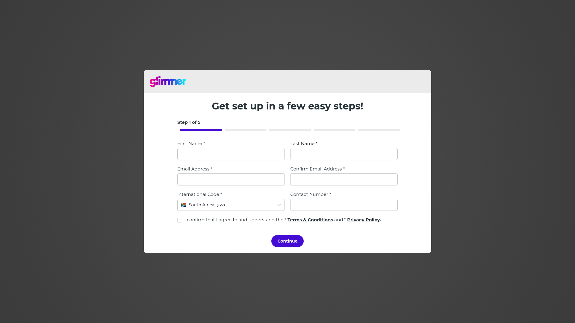 website screenshot of https://onboarding.glimmer.global/