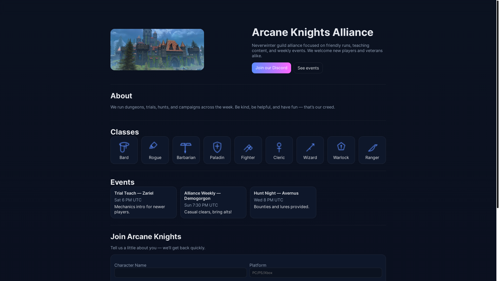 website screenshot of https://arcane-knights.pages.dev/