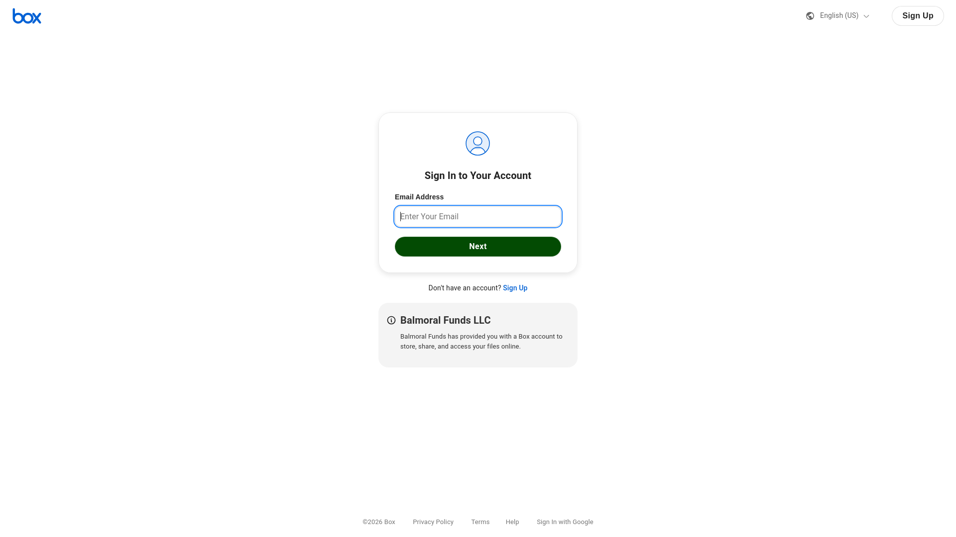 website screenshot of https://balmoral.account.box.com/login