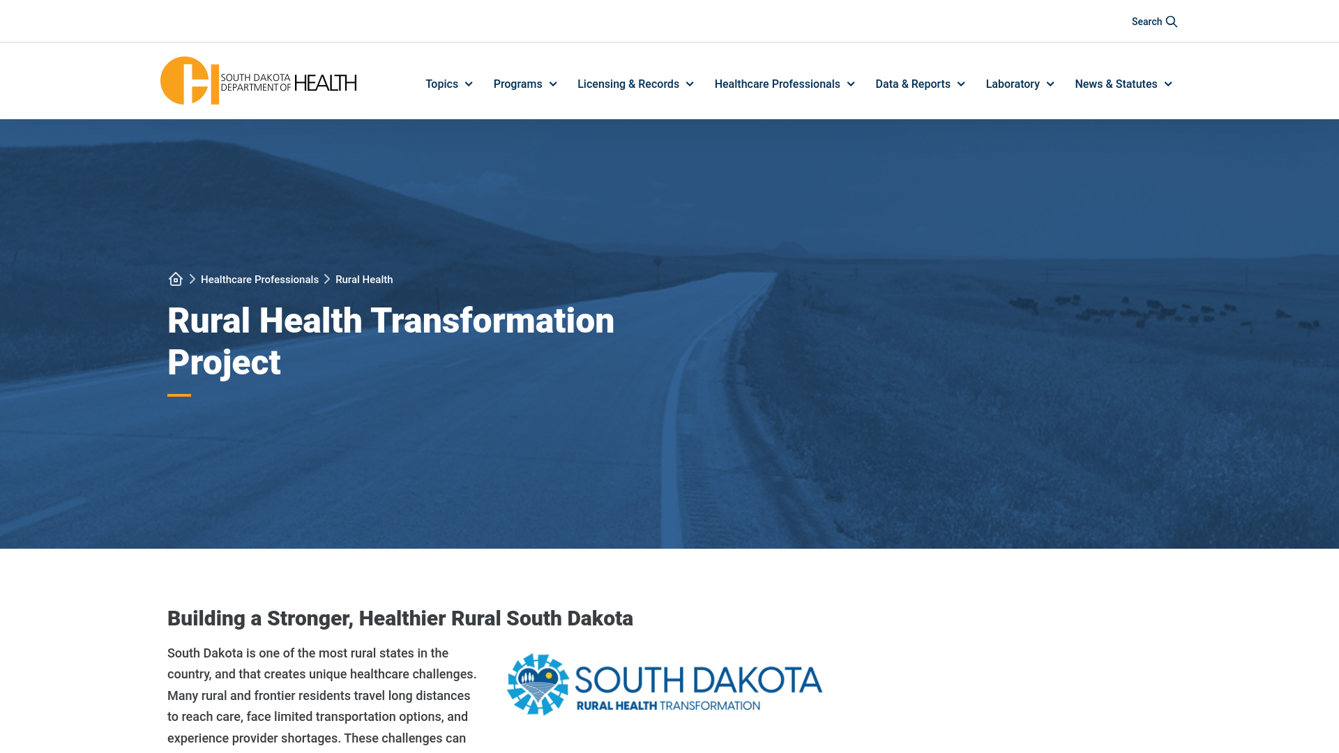 website screenshot of https://doh.sd.gov/healthcare-professionals/rural-health/rural-health-transformation-project