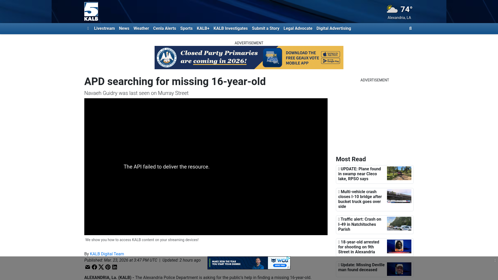 website screenshot of https://www.kalb.com/2026/03/23/apd-searching-missing-16-year-old/