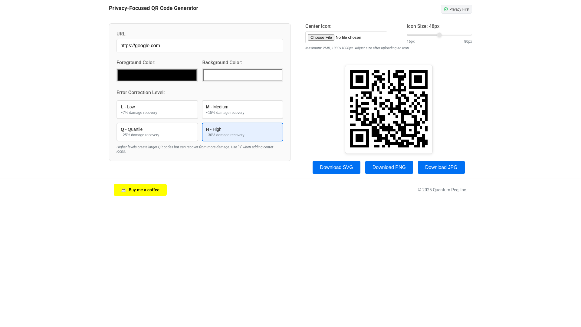 website screenshot of https://privacyqrcode.org/